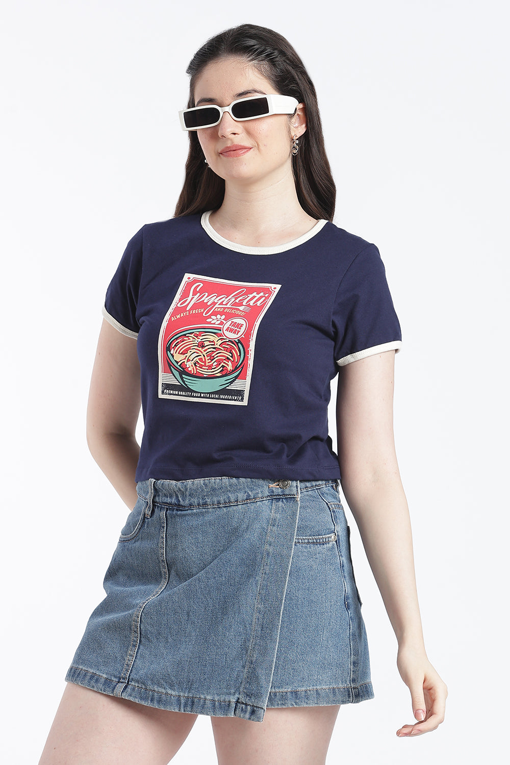 Navy Graphic Cotton Regular Fit T-Shirt For Women - Image 1
