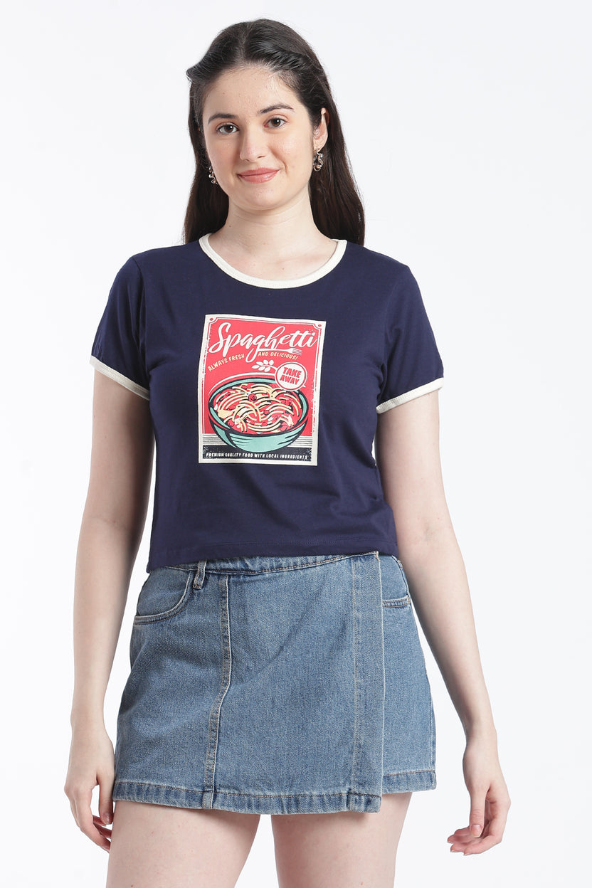 Navy Graphic Cotton Regular Fit T-Shirt For Women - Image 2