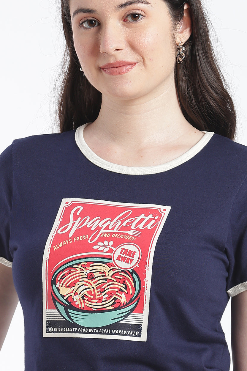 Navy Graphic Cotton Regular Fit T-Shirt For Women - Image 7
