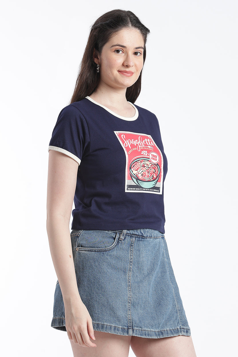 Navy Graphic Cotton Regular Fit T-Shirt For Women - Image 4