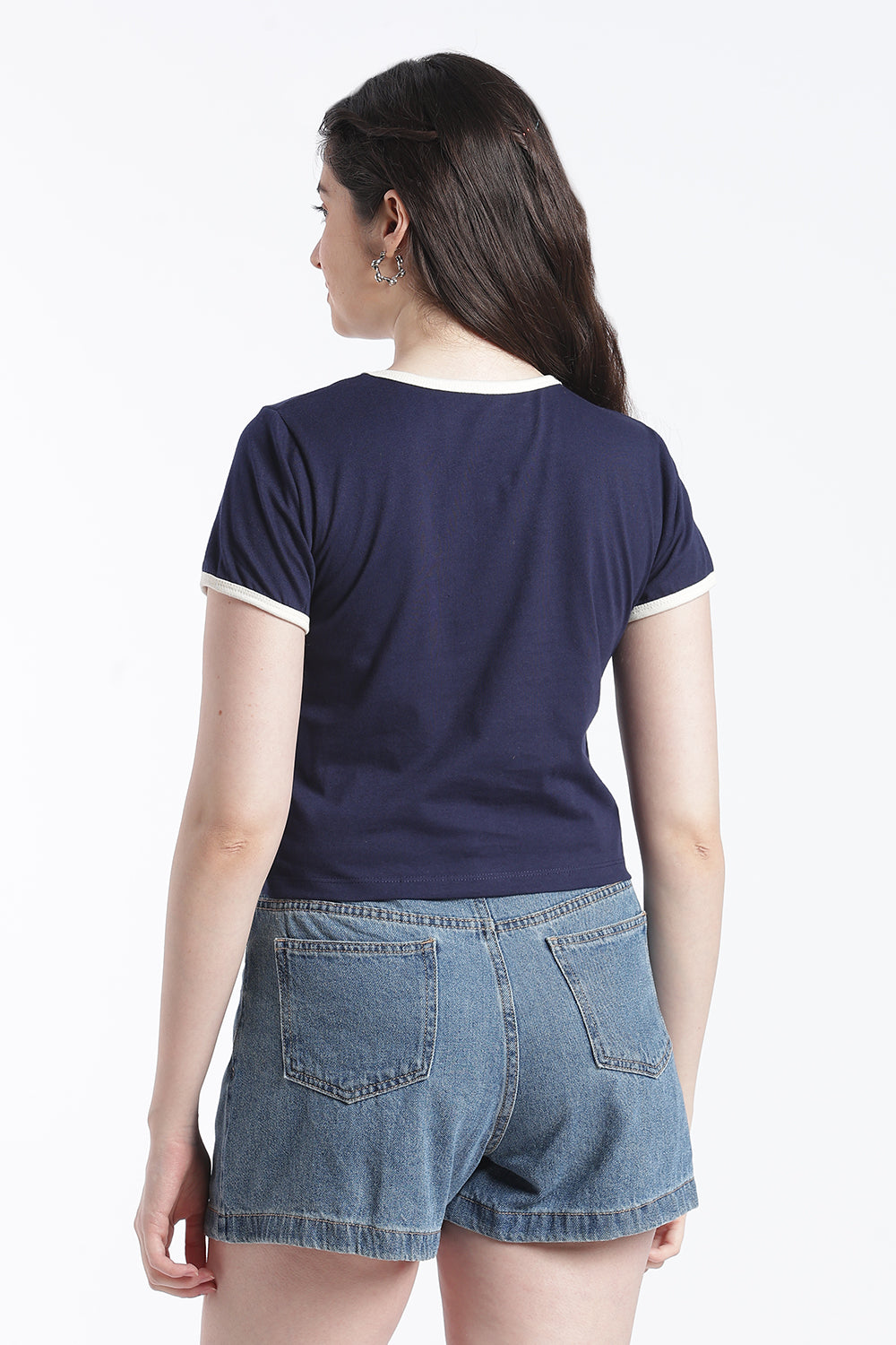 Navy Graphic Cotton Regular Fit T-Shirt For Women - Image 5
