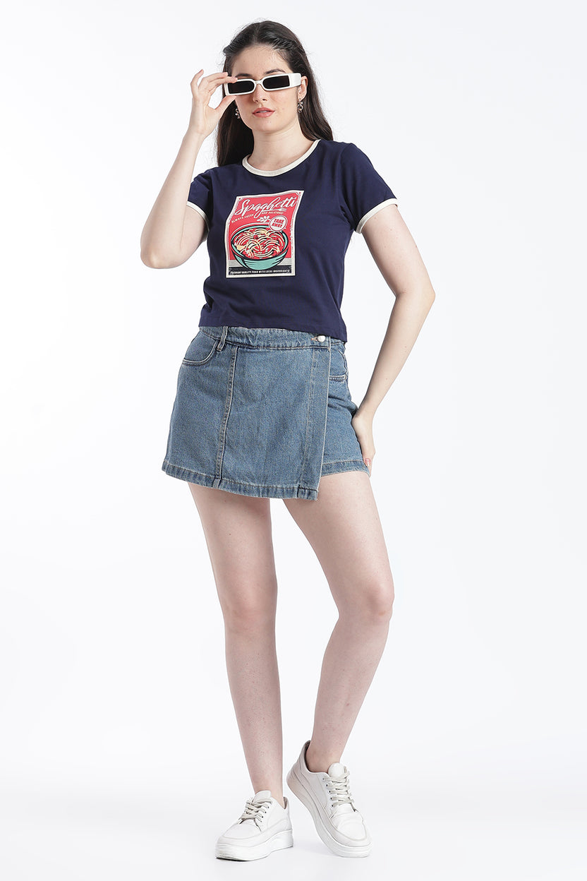 Navy Graphic Cotton Regular Fit T-Shirt For Women - Image 6