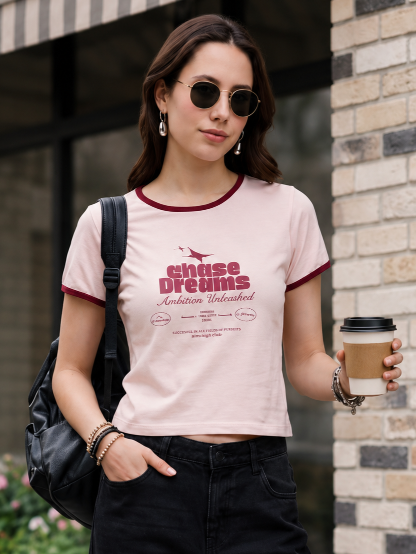Beige Typographic Regular Fit T-Shirt For Women - Image 1