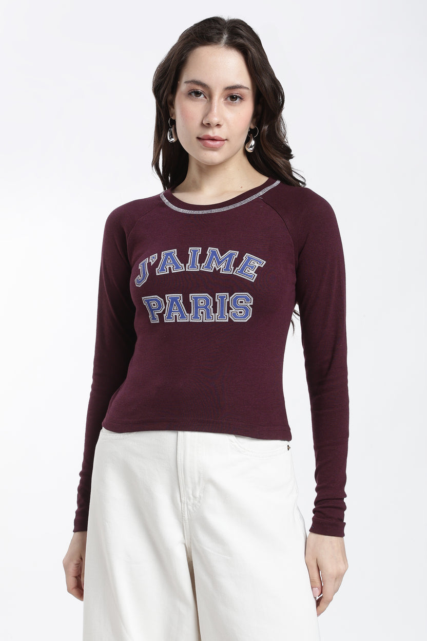 Maroon Typographic Regular Fit T-Shirt For Women - Image 2