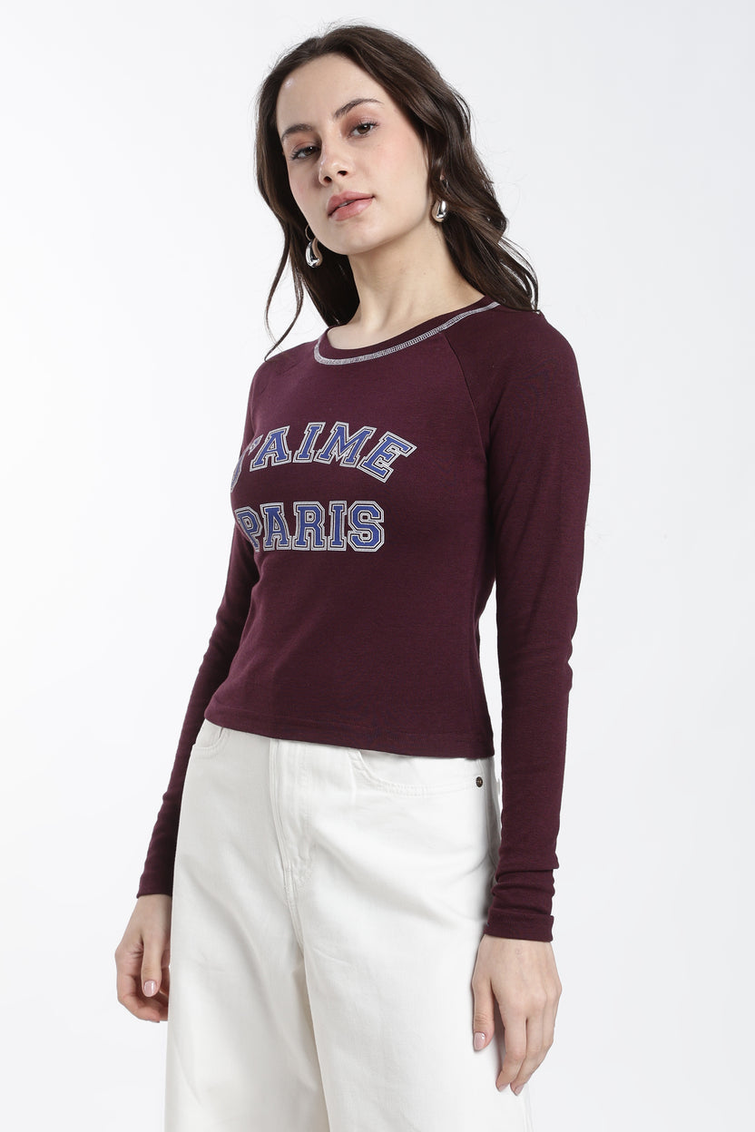 Maroon Typographic Regular Fit T-Shirt For Women - Image 4