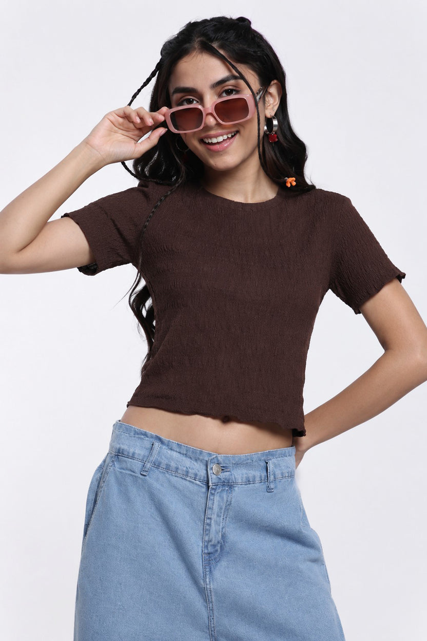 Brown Textured Regular Fit Top For Women - Image 1