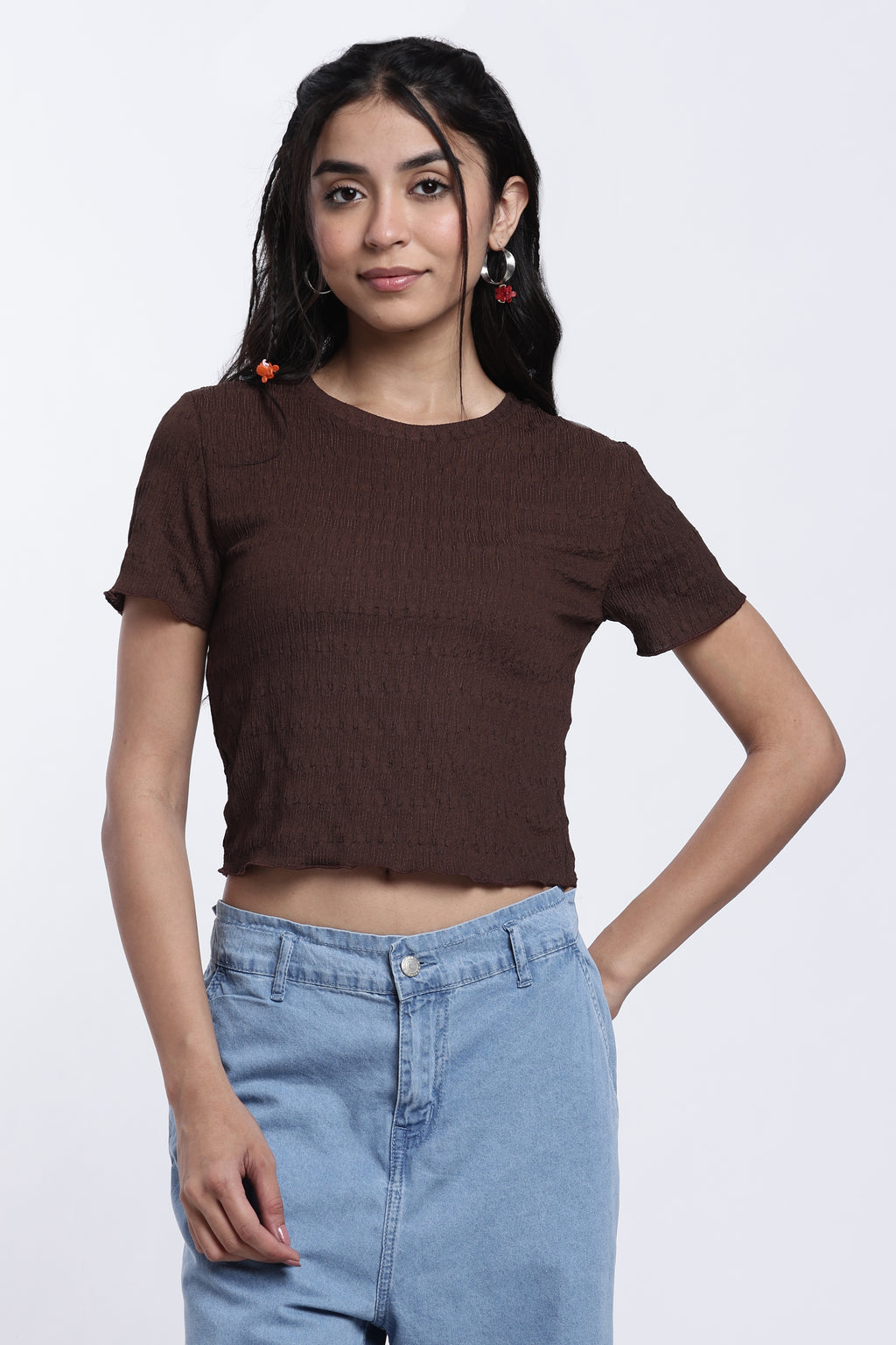 Brown Textured Regular Fit Top for Women - Image 2