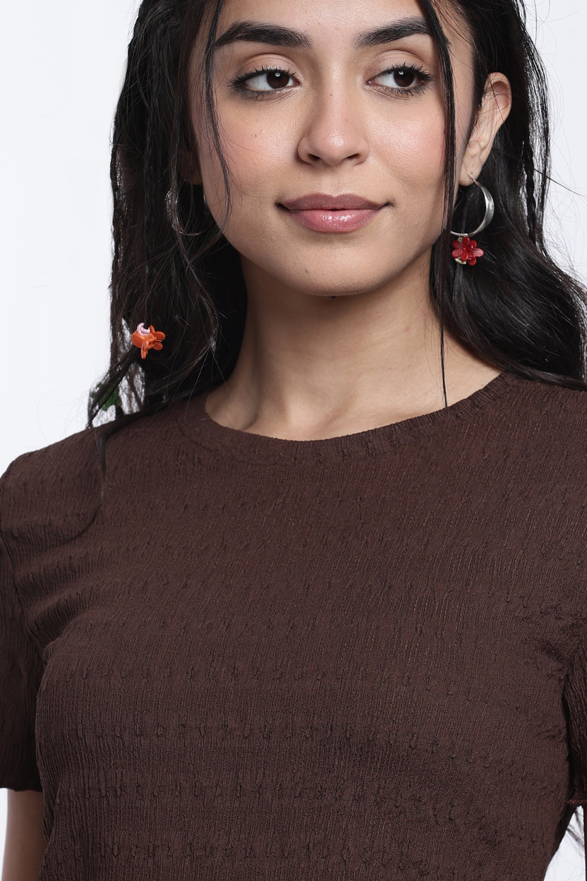Brown Textured Regular Fit Top For Women - Image 3