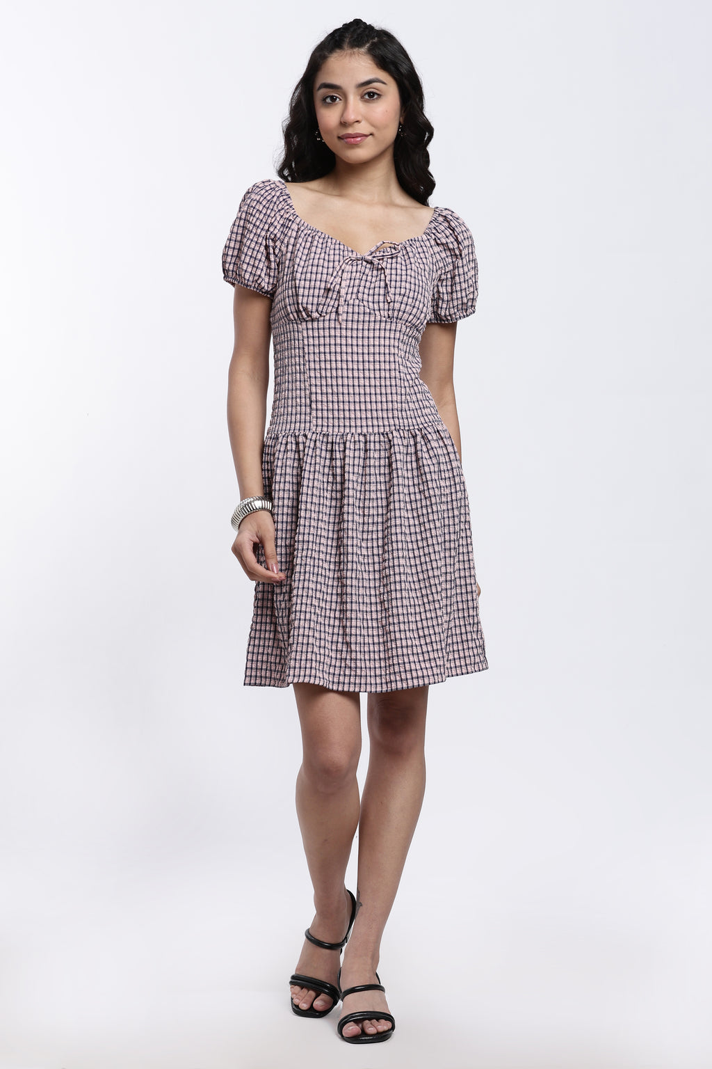 Pink Checked Regular Fit Dress for Women - Image 2