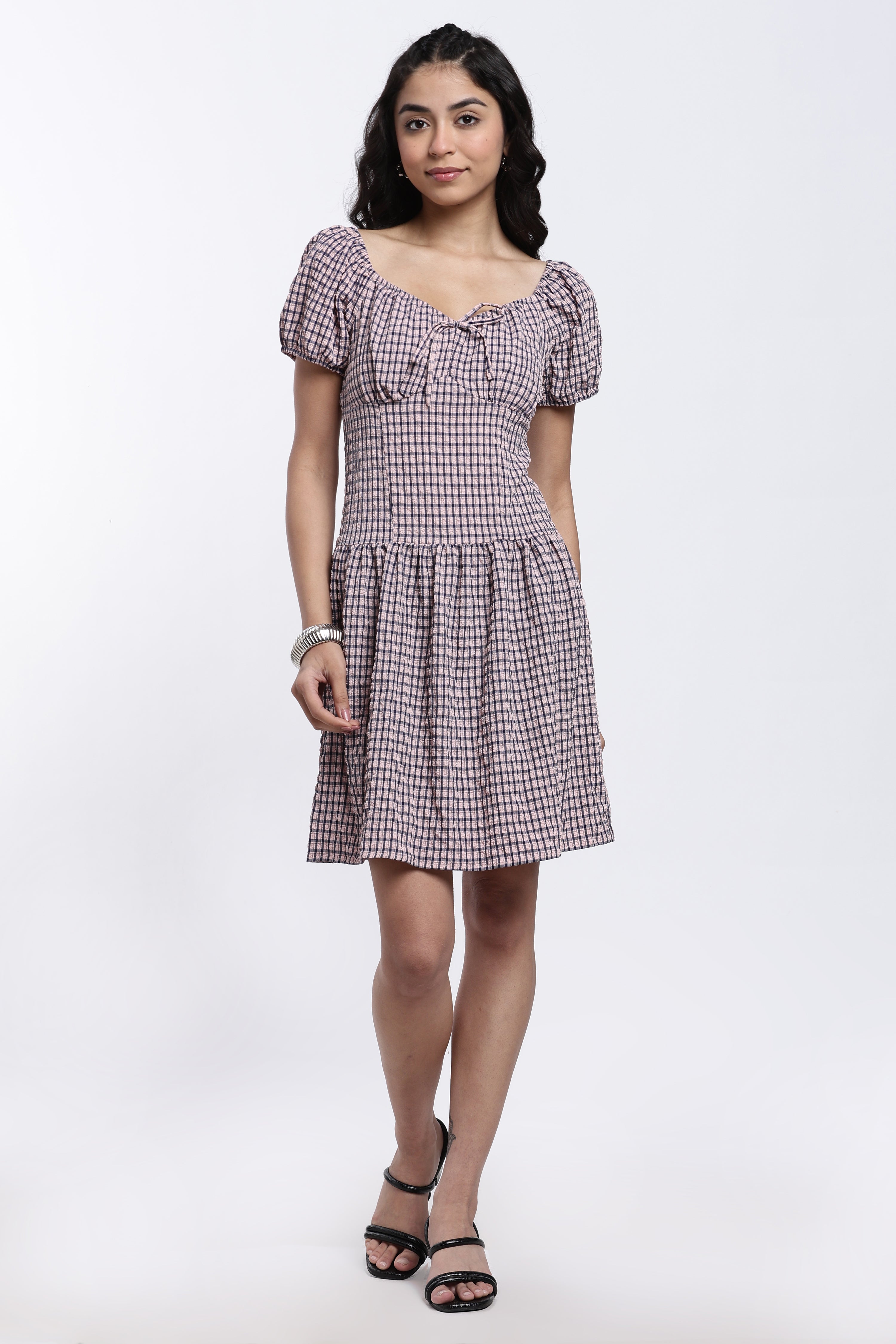 Pink Checked Regular Fit Dress for Women - Image 2