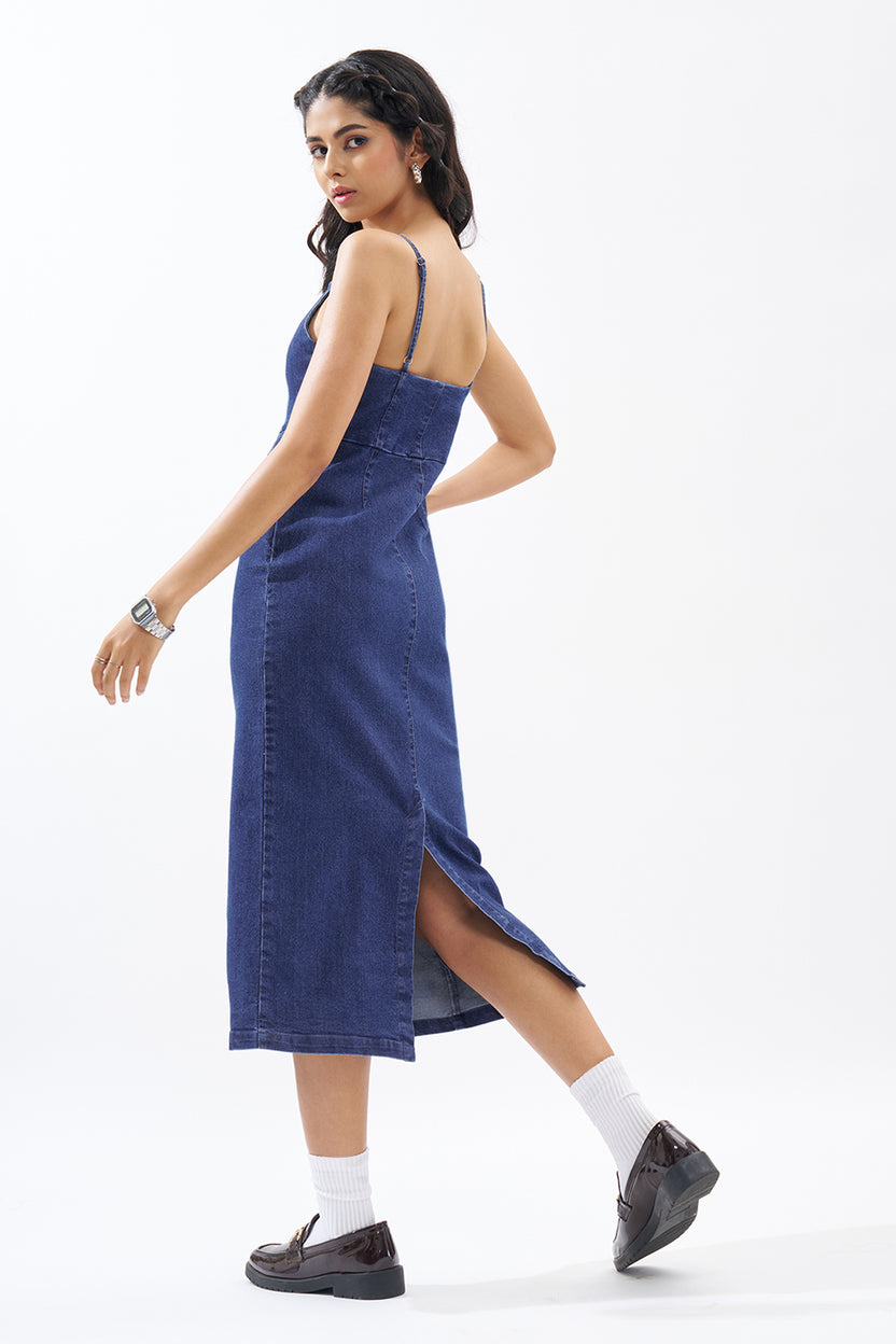 Dark Blue Sleeveless Denim Dress For Women - Image 5