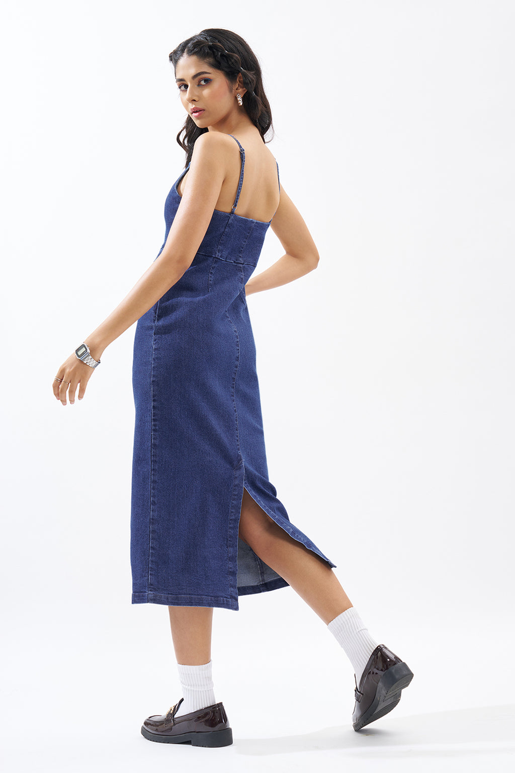 Dark Blue Sleeveless Denim Dress For Women - Image 5