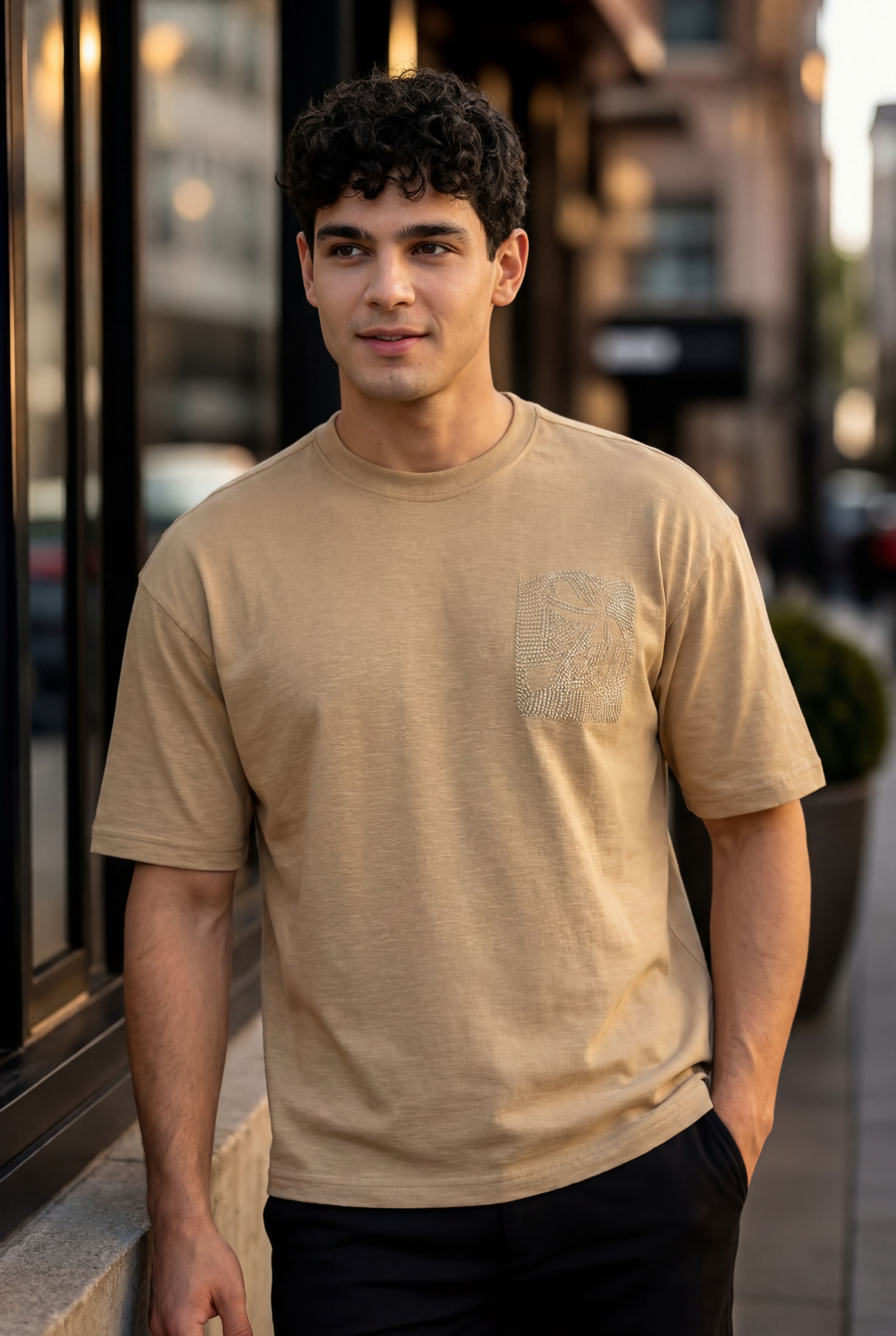 Khaki Drop Shoulder Sleeves Oversized Fit T-Shirt for Men - Image 1