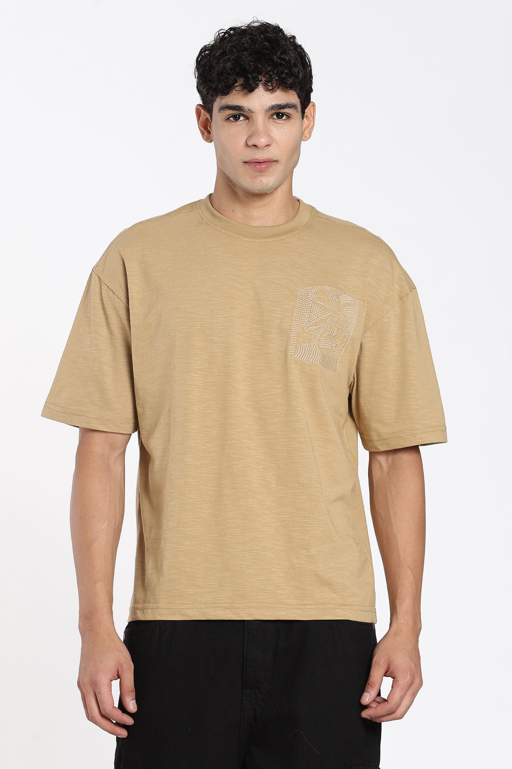 Khaki Drop Shoulder Sleeves Oversized Fit T-Shirt for Men - Image 2