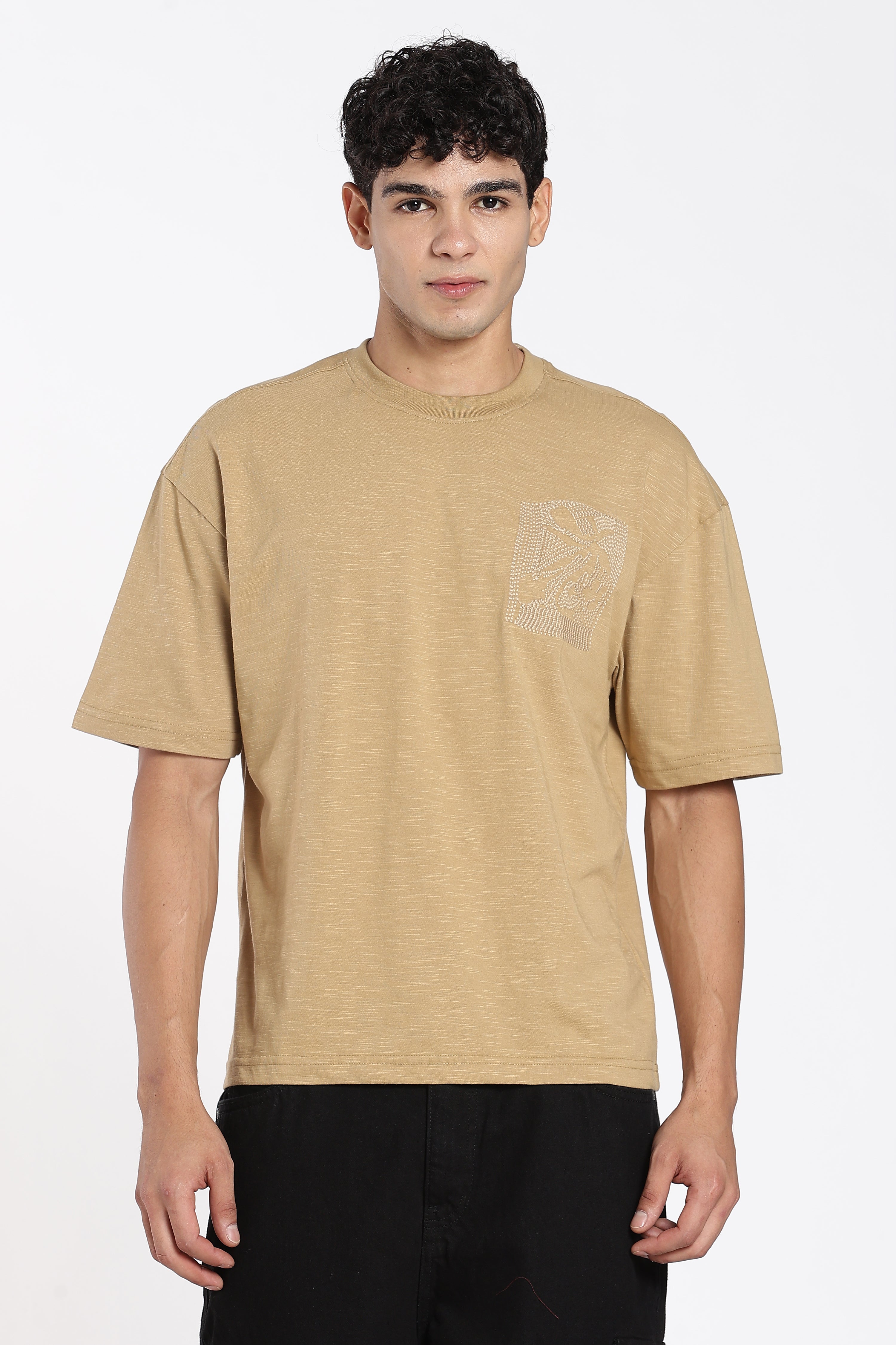 Khaki Drop Shoulder Sleeves Oversized Fit T-Shirt for Men - Image 2