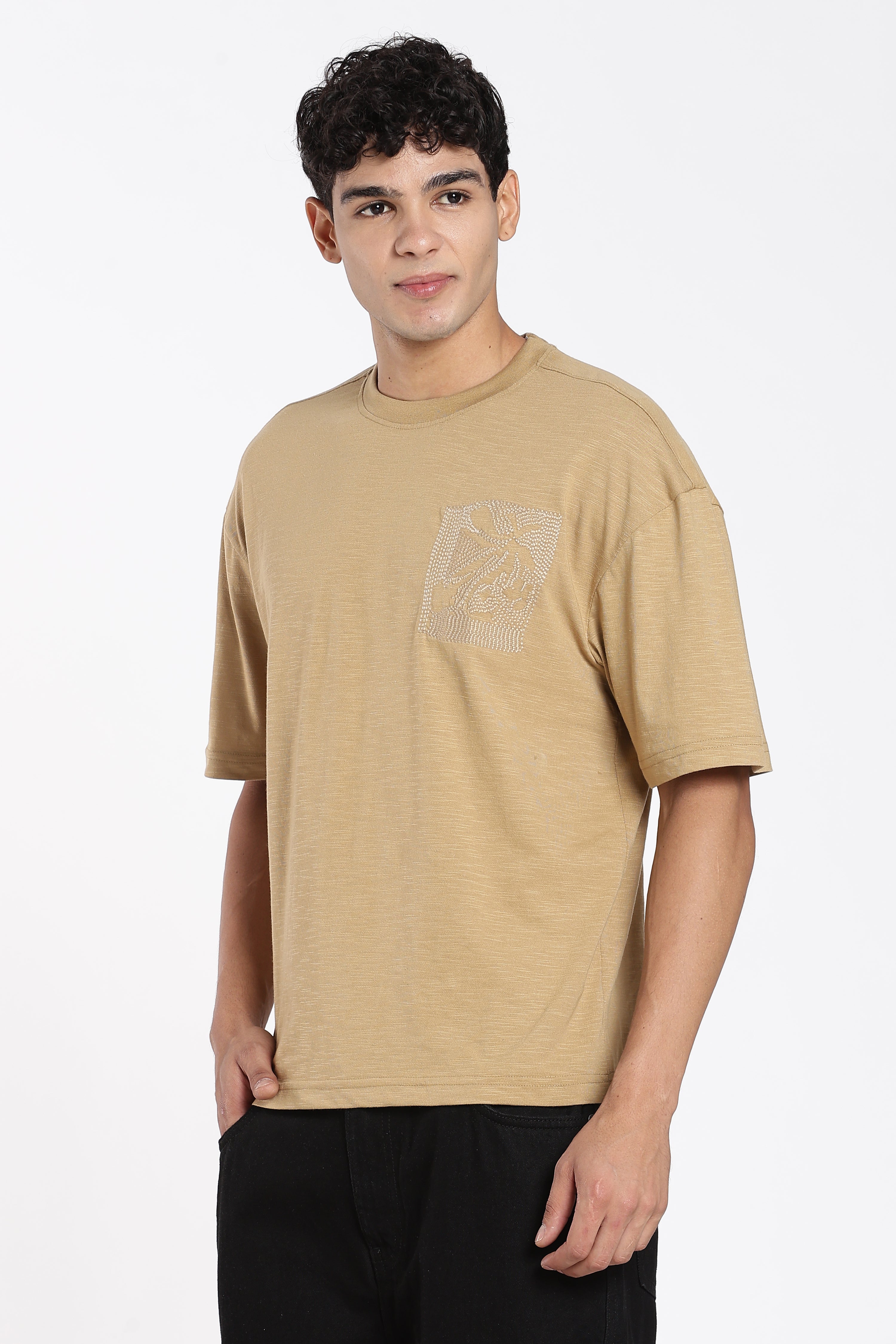 Khaki Drop Shoulder Sleeves Oversized Fit T-Shirt for Men - Image 4