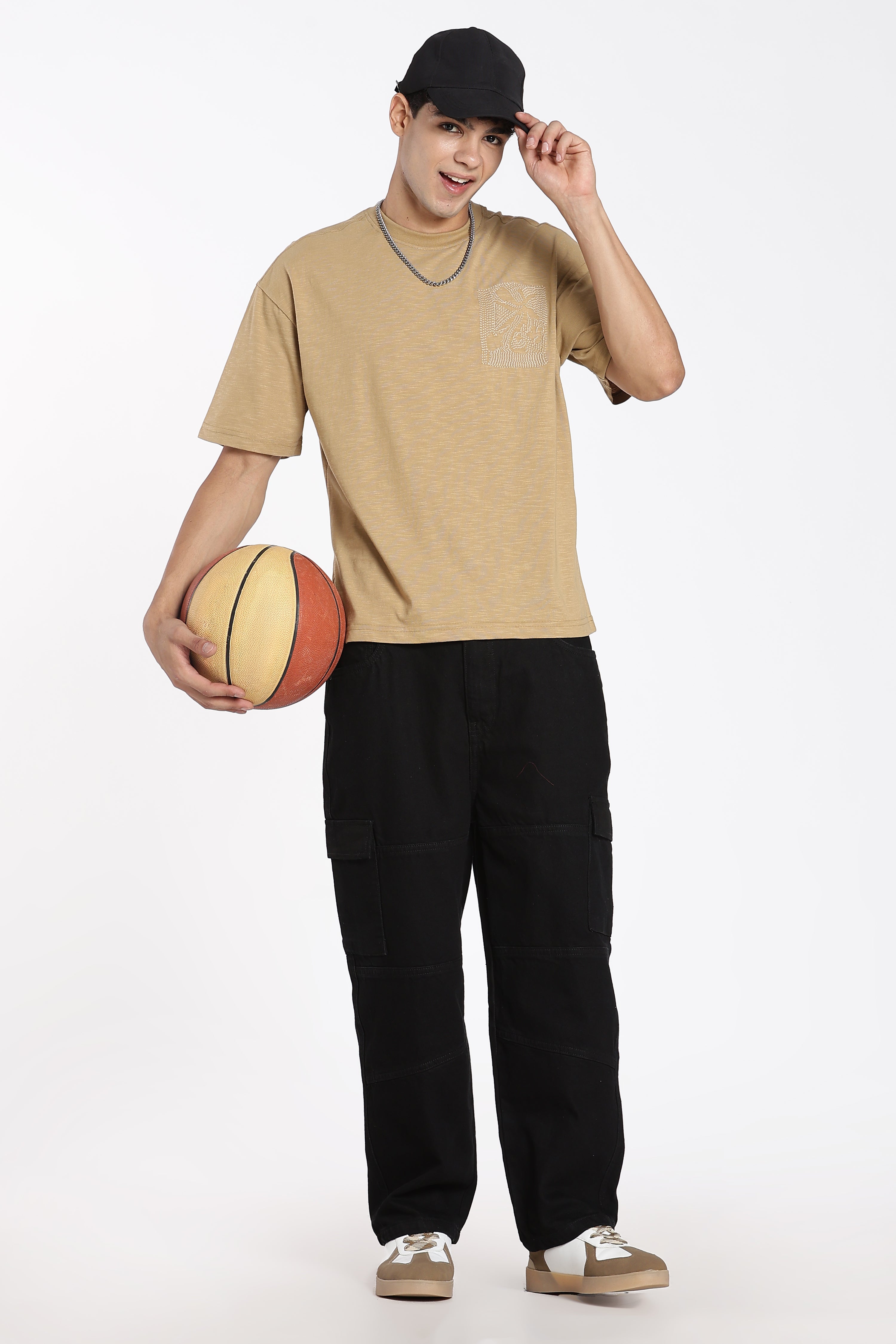 Khaki Drop Shoulder Sleeves Oversized Fit T-Shirt for Men - Image 6
