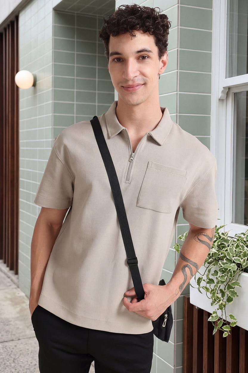Beige Solid Regular Fit Polo T-Shirt for Men - Image 1