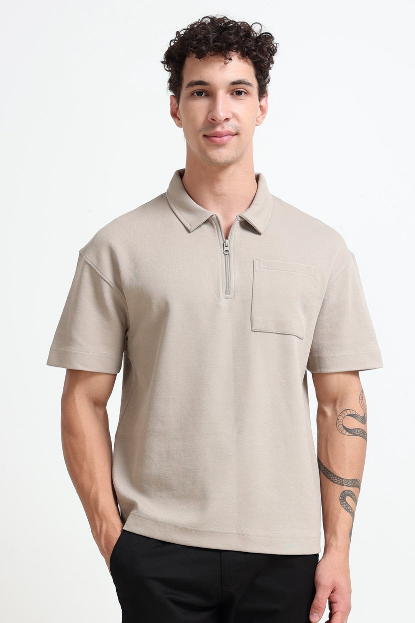 Beige Solid Regular Fit Polo T-Shirt for Men - Image 2