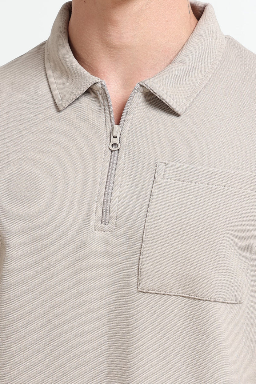 Beige Solid Regular Fit Polo T-Shirt for Men - Image 3