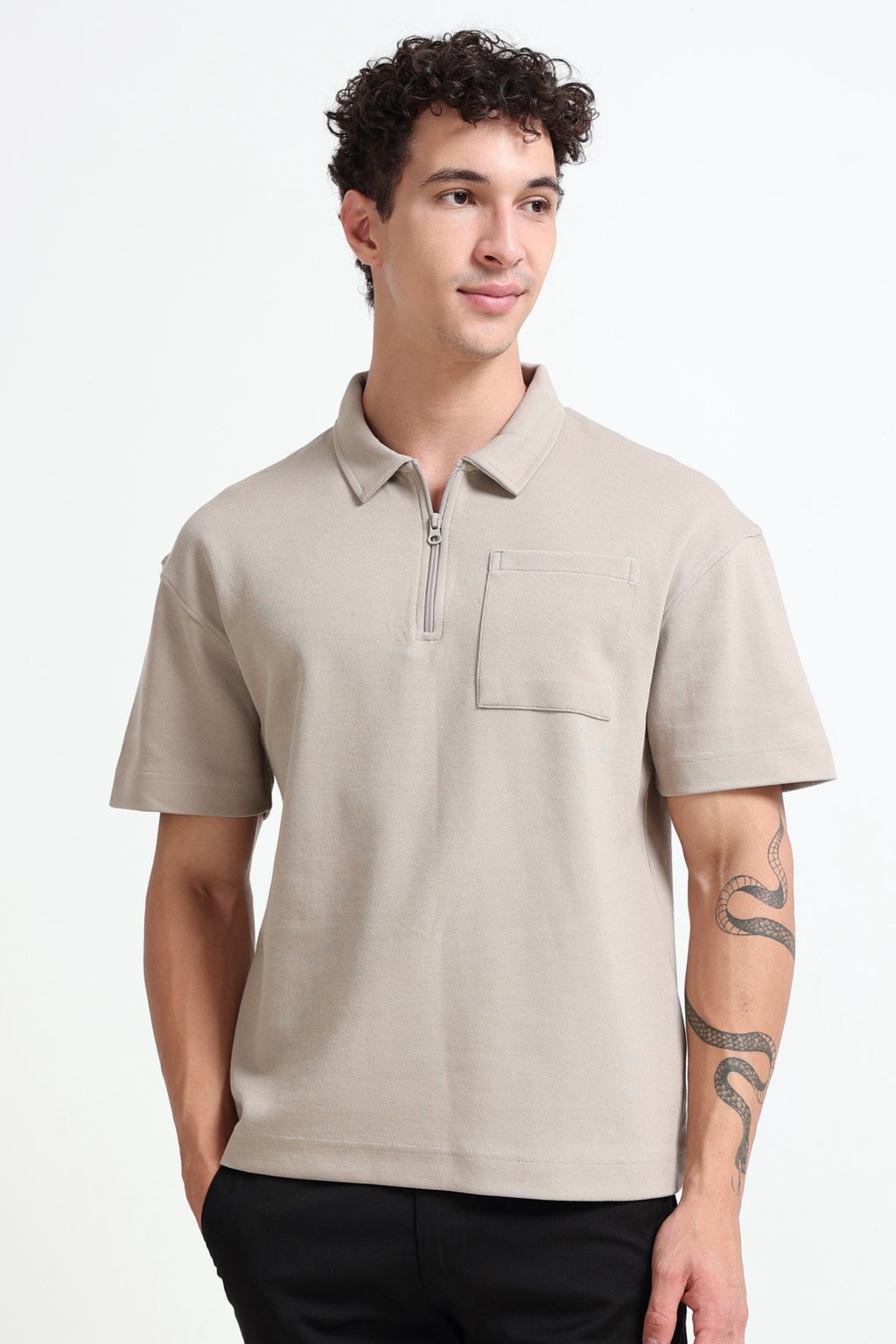 Beige Solid Regular Fit Polo T-Shirt for Men - Image 4