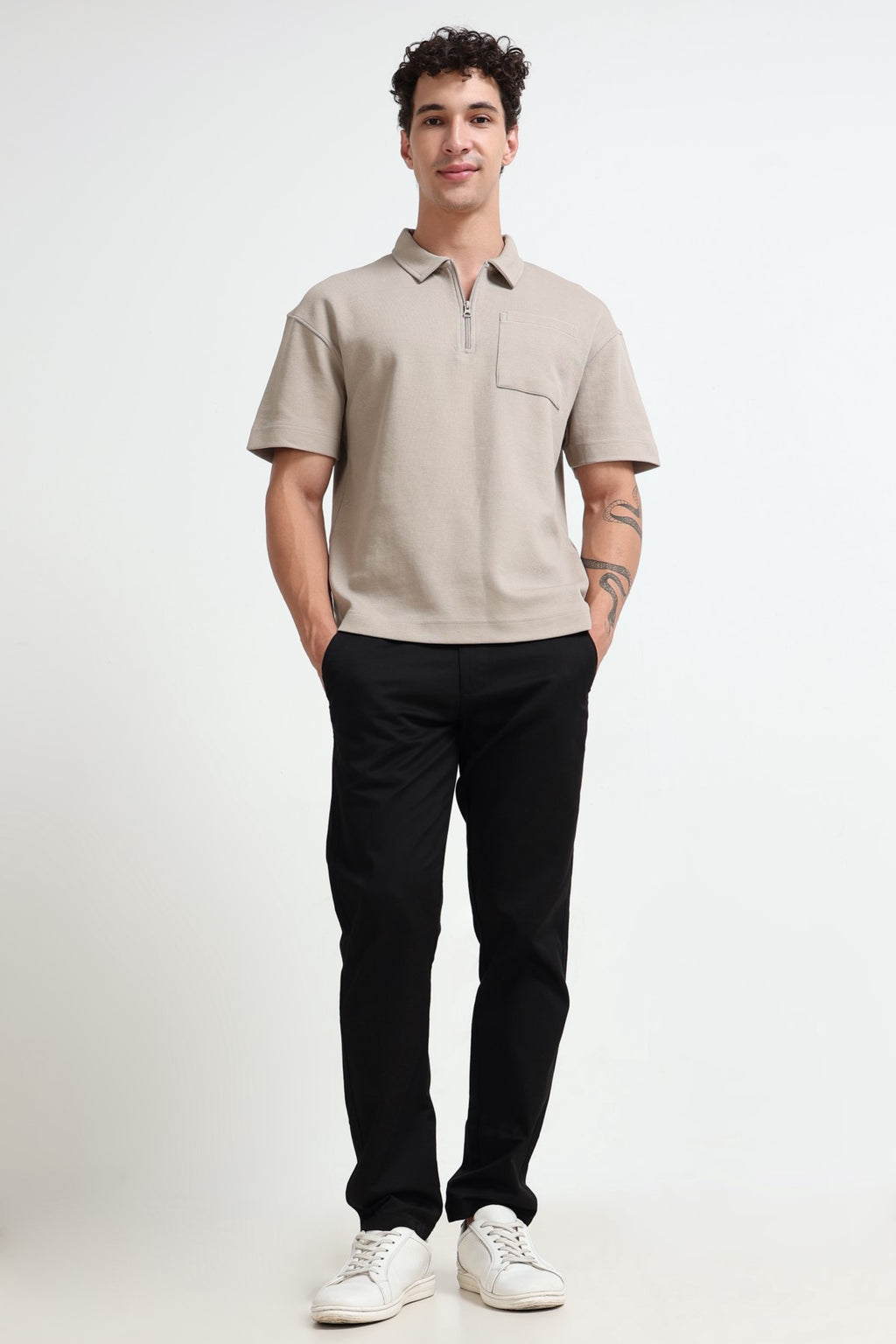 Beige Solid Regular Fit Polo T-Shirt for Men - Image 6