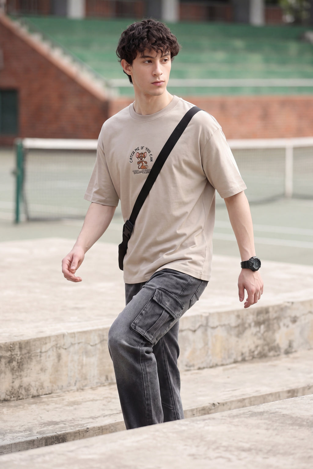 Beige Tom and Jerry Oversized Fit T-Shirt for Men - Image 1