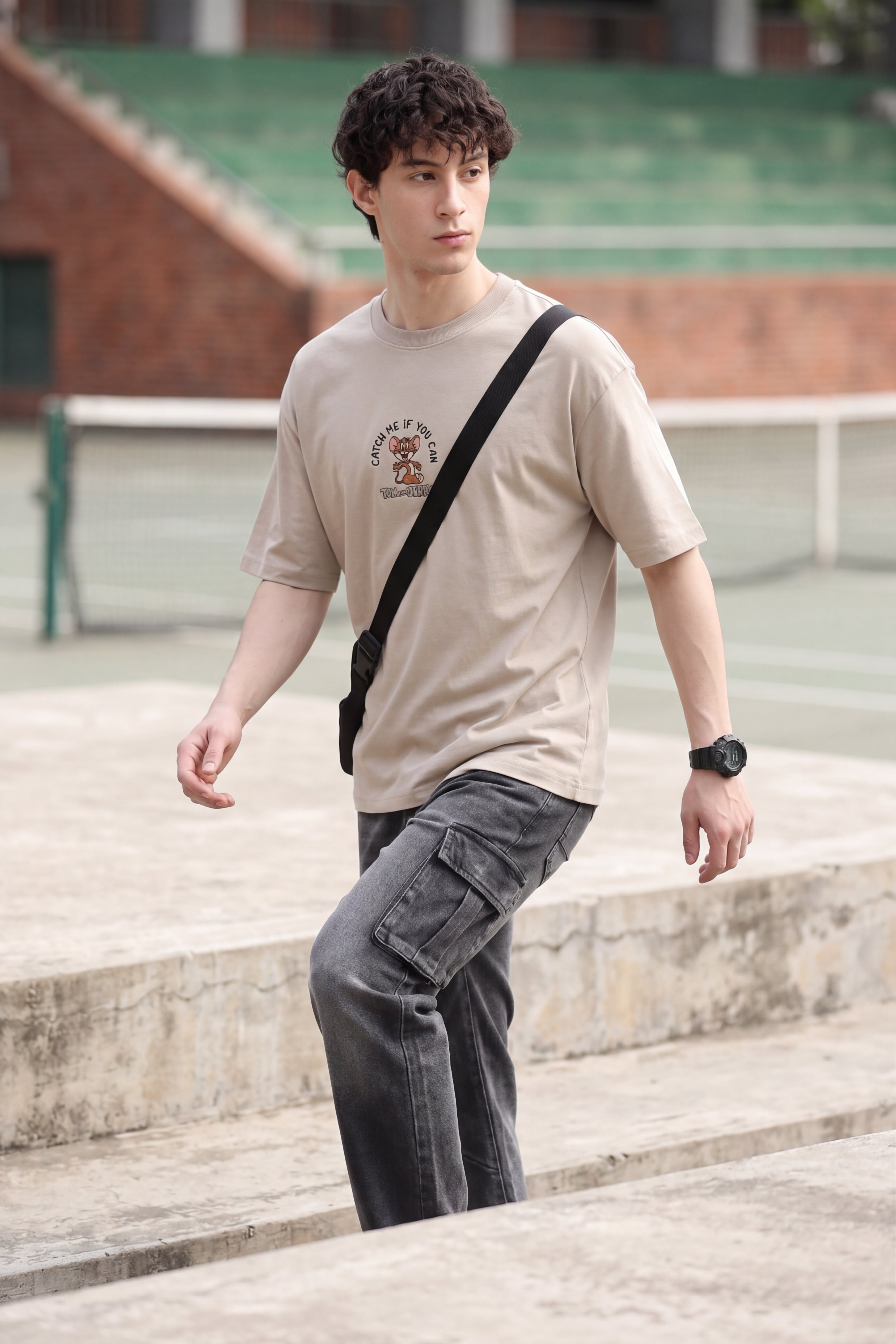 Beige Tom and Jerry Oversized Fit T-Shirt for Men - Image 1