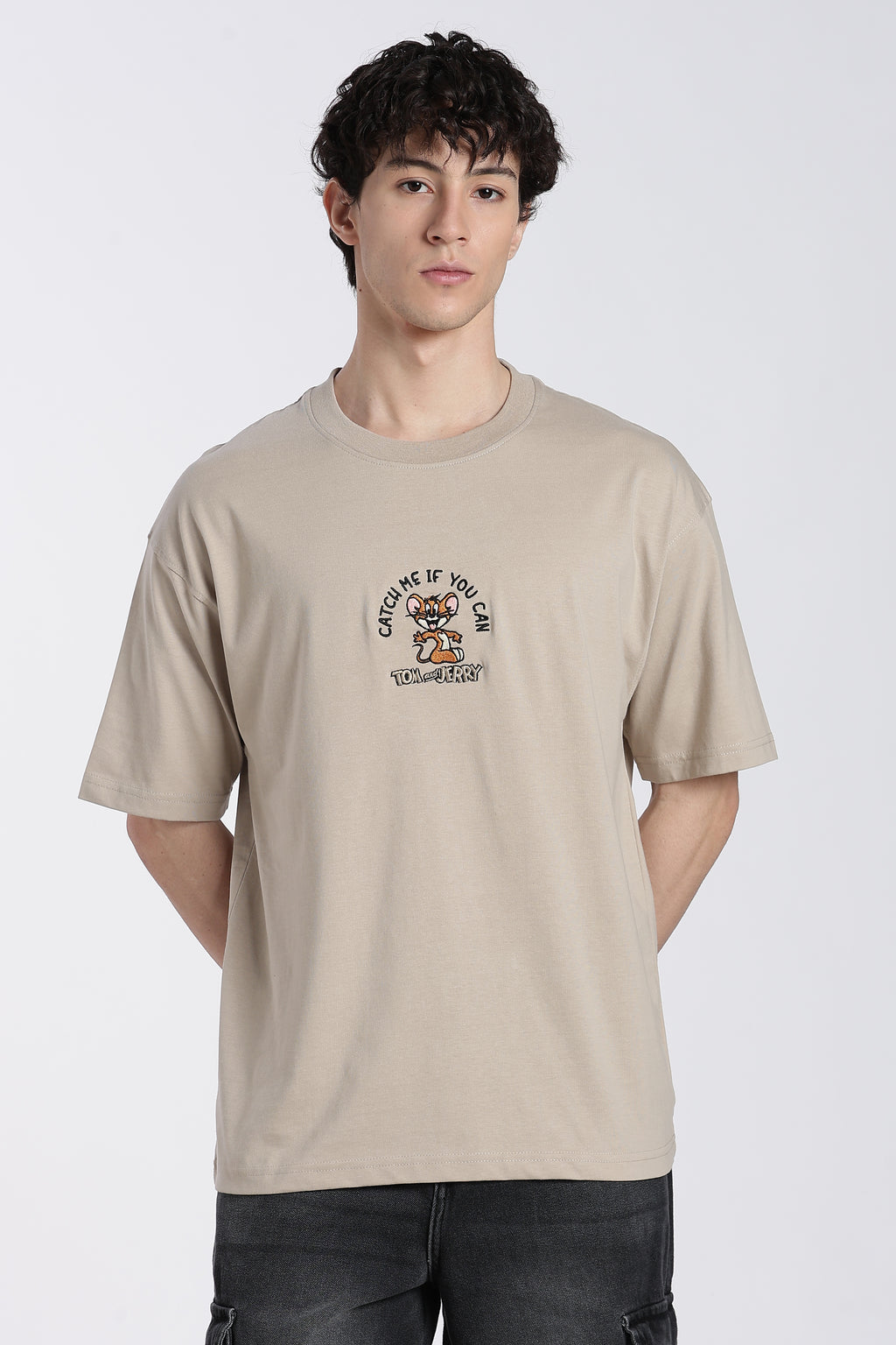 Beige Tom and Jerry Oversized Fit T-Shirt for Men - Image 2