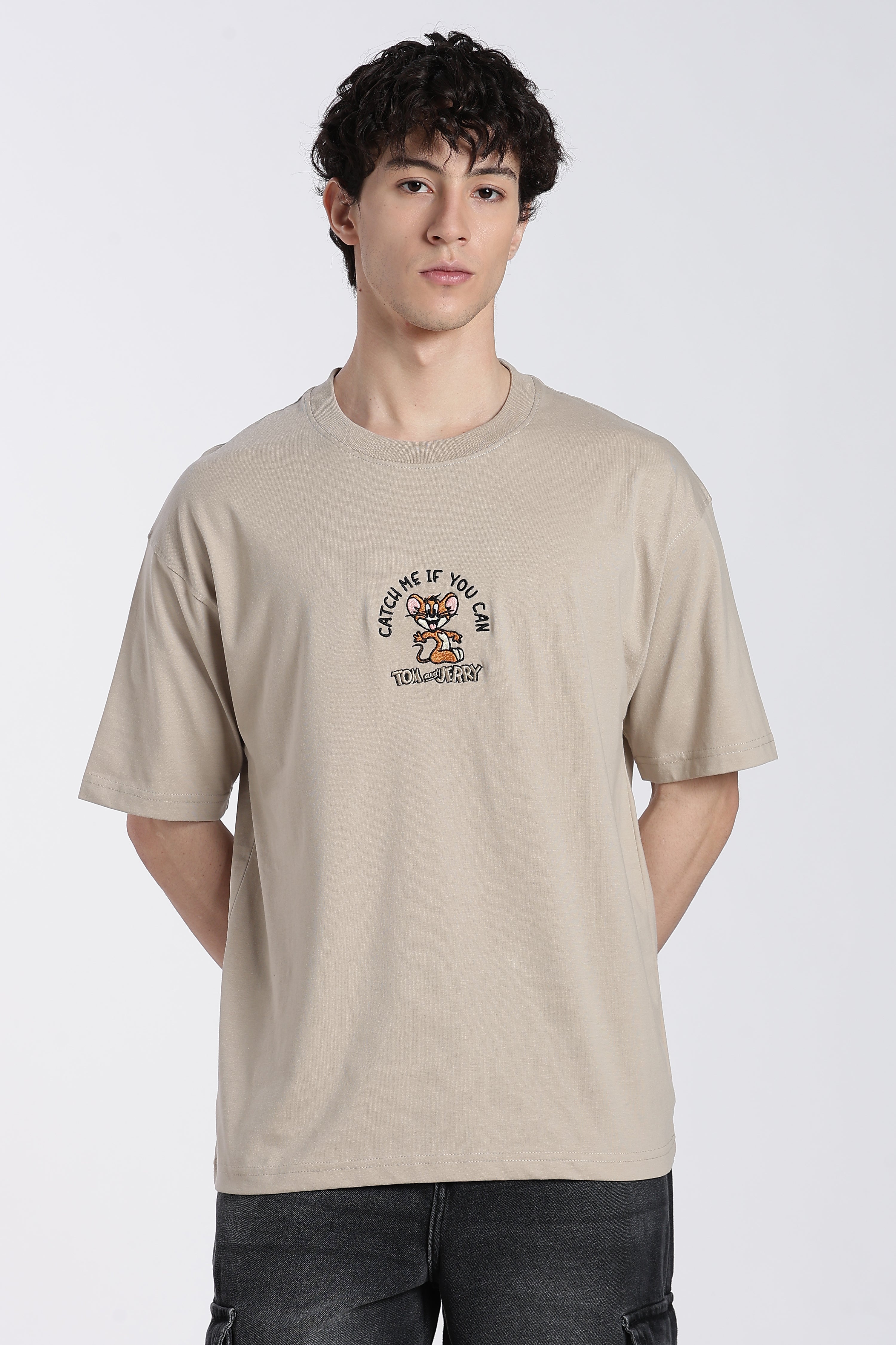 Beige Tom and Jerry Oversized Fit T-Shirt for Men - Image 2