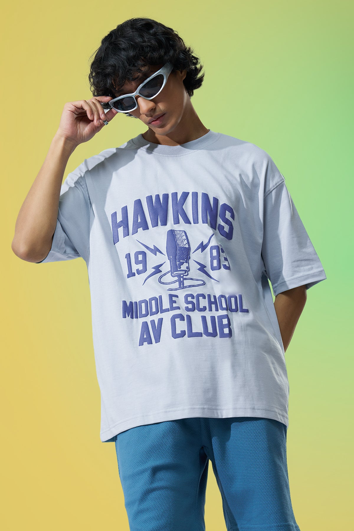 Light Blue Graphic Printed Oversized Fit T-Shirt for Men - Image 1