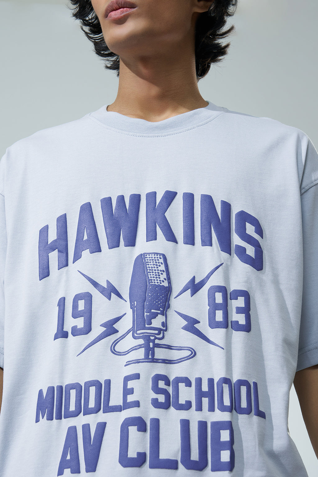 Light Blue Graphic Printed Oversized Fit T-Shirt for Men - Image 2