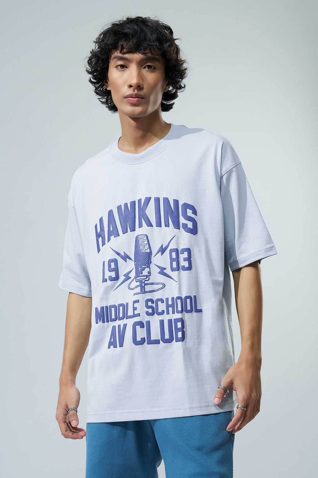 Light Blue Graphic Printed Oversized Fit T-Shirt for Men - Image 3