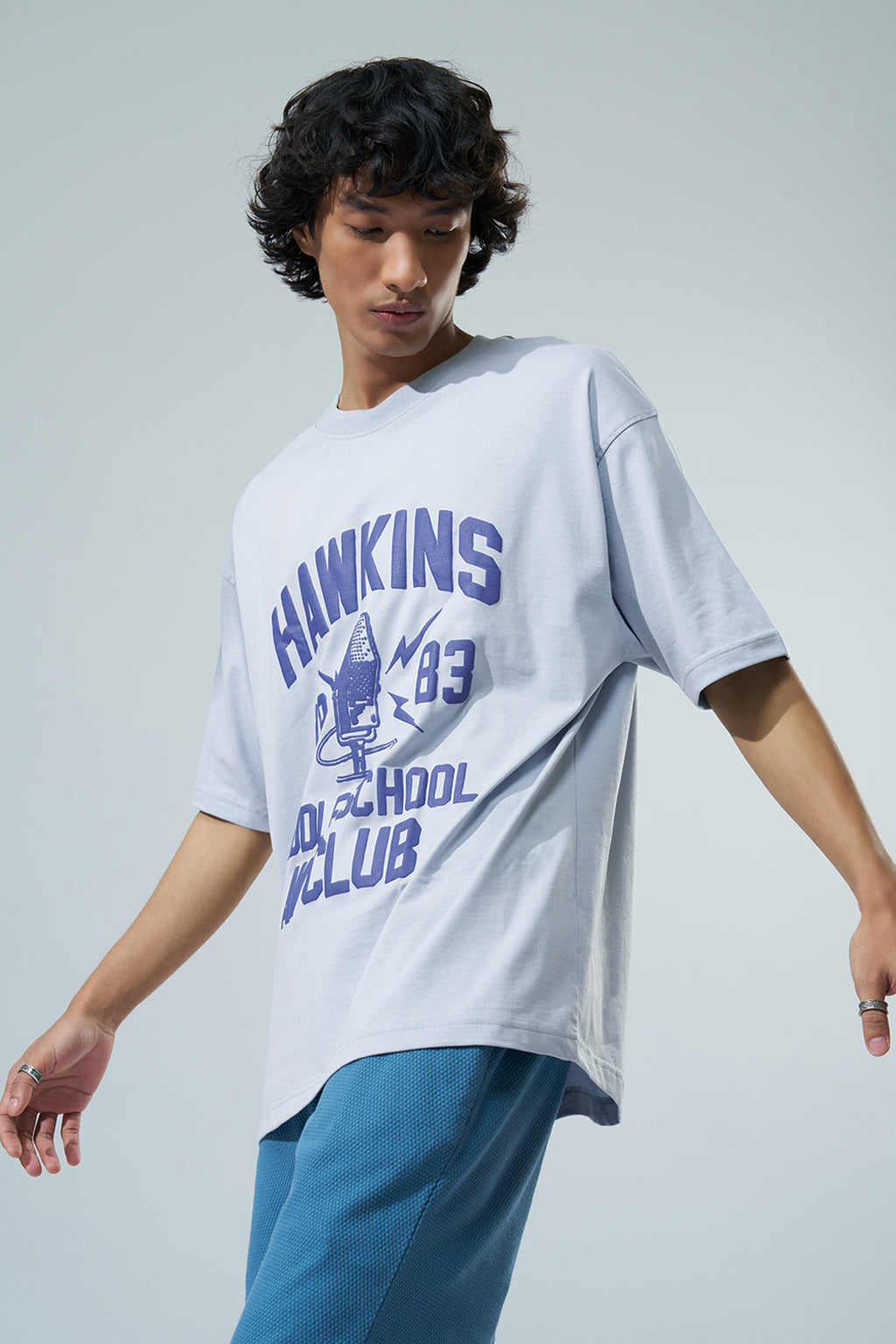 Light Blue Graphic Printed Oversized Fit T-Shirt for Men - Image 4