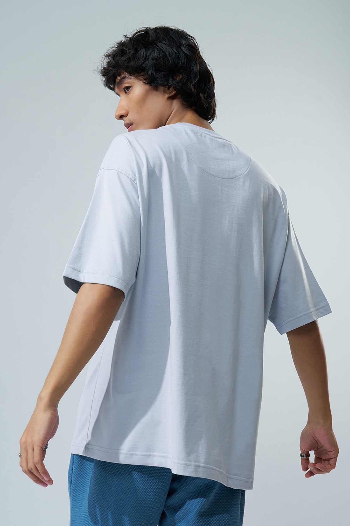 Light Blue Graphic Printed Oversized Fit T-Shirt for Men - Image 5