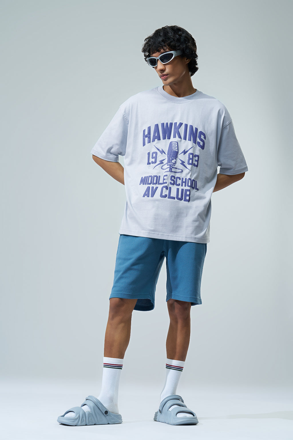 Light Blue Graphic Printed Oversized Fit T-Shirt for Men - Image 6