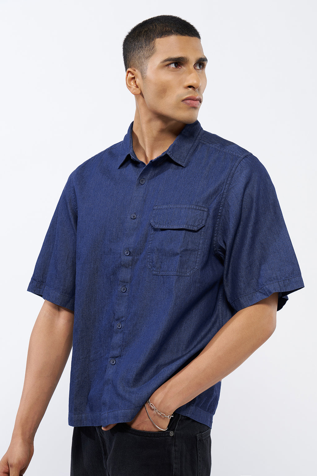 Blue Solid Oversized Fit Shirt for Men - Image 4