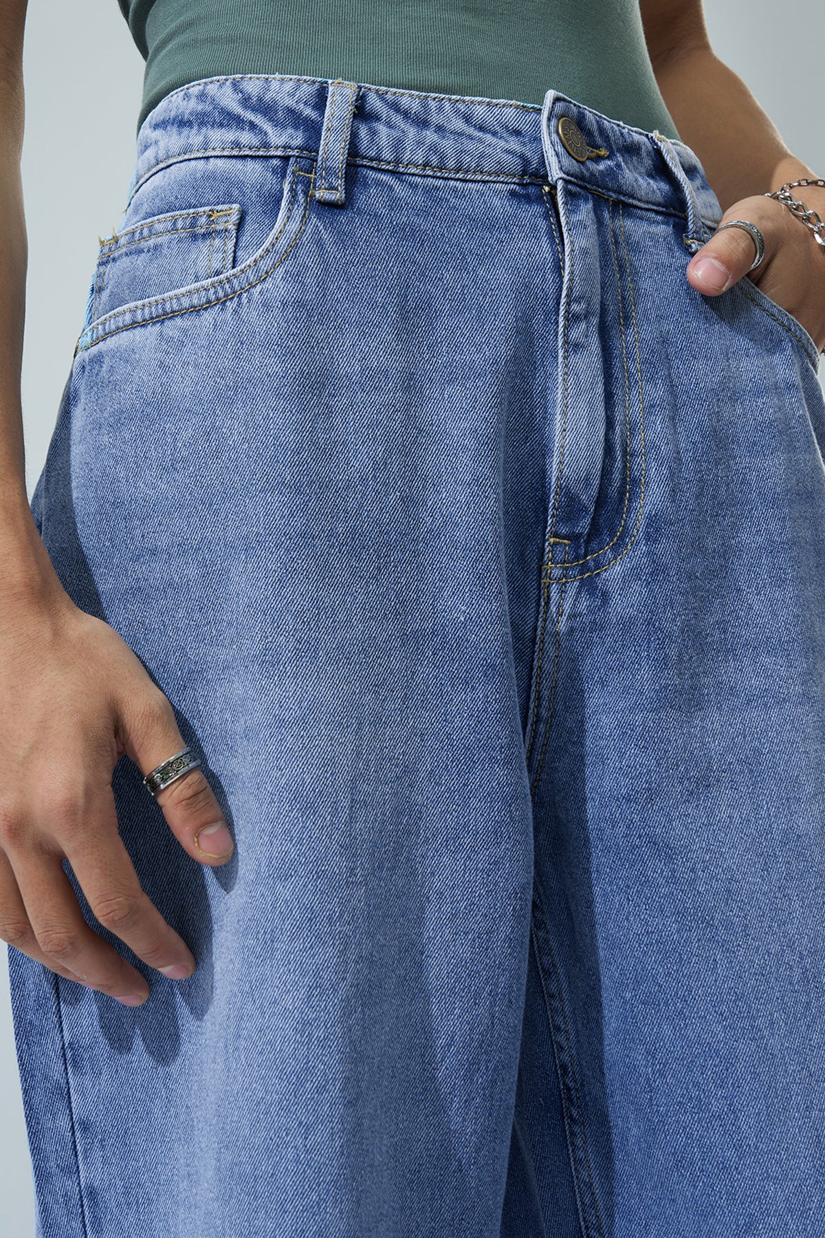Light Blue Solid Baggy Fit Jeans for Men - Image 3