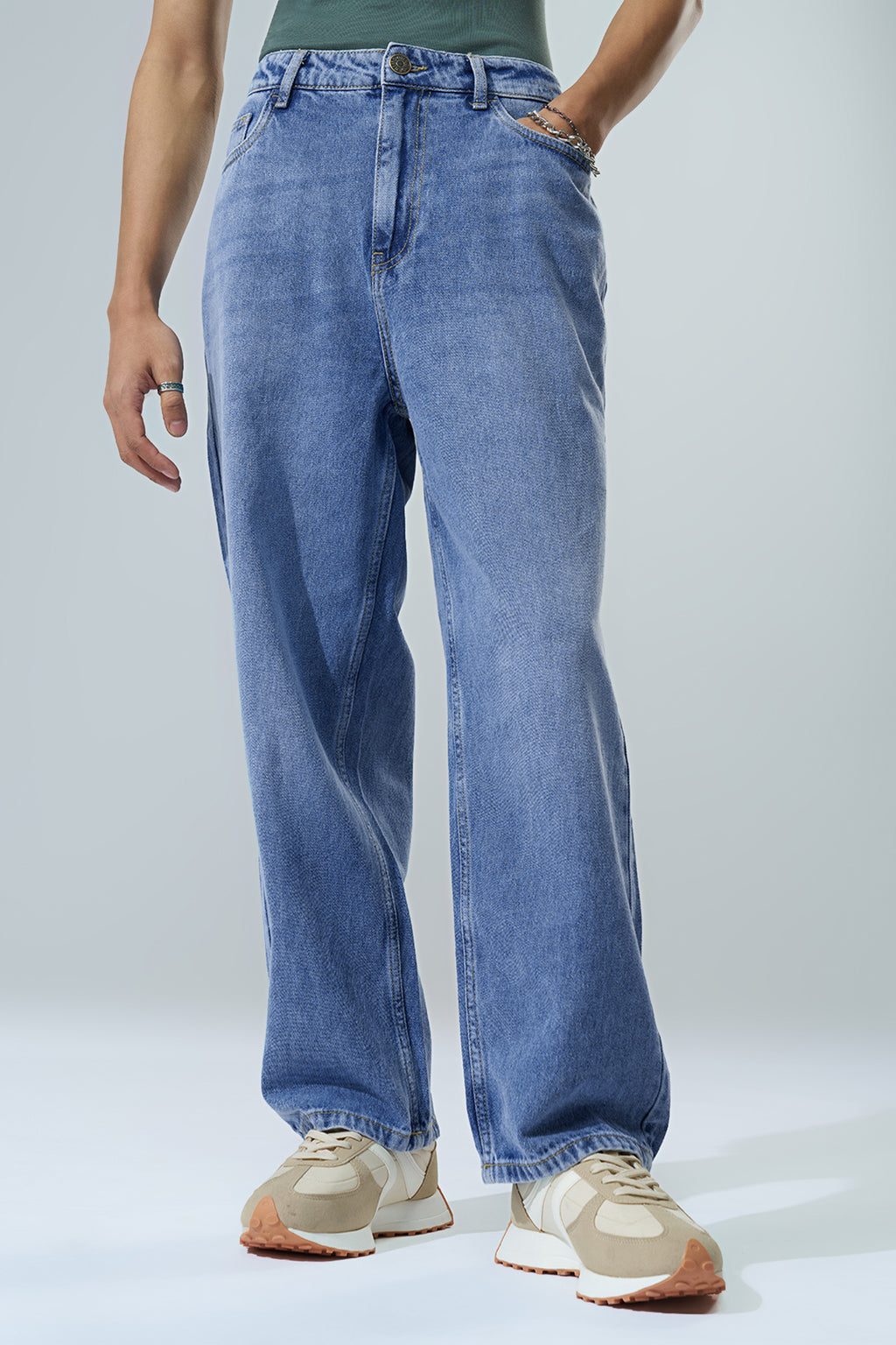 Light Blue Solid Baggy Fit Jeans for Men - Image 2