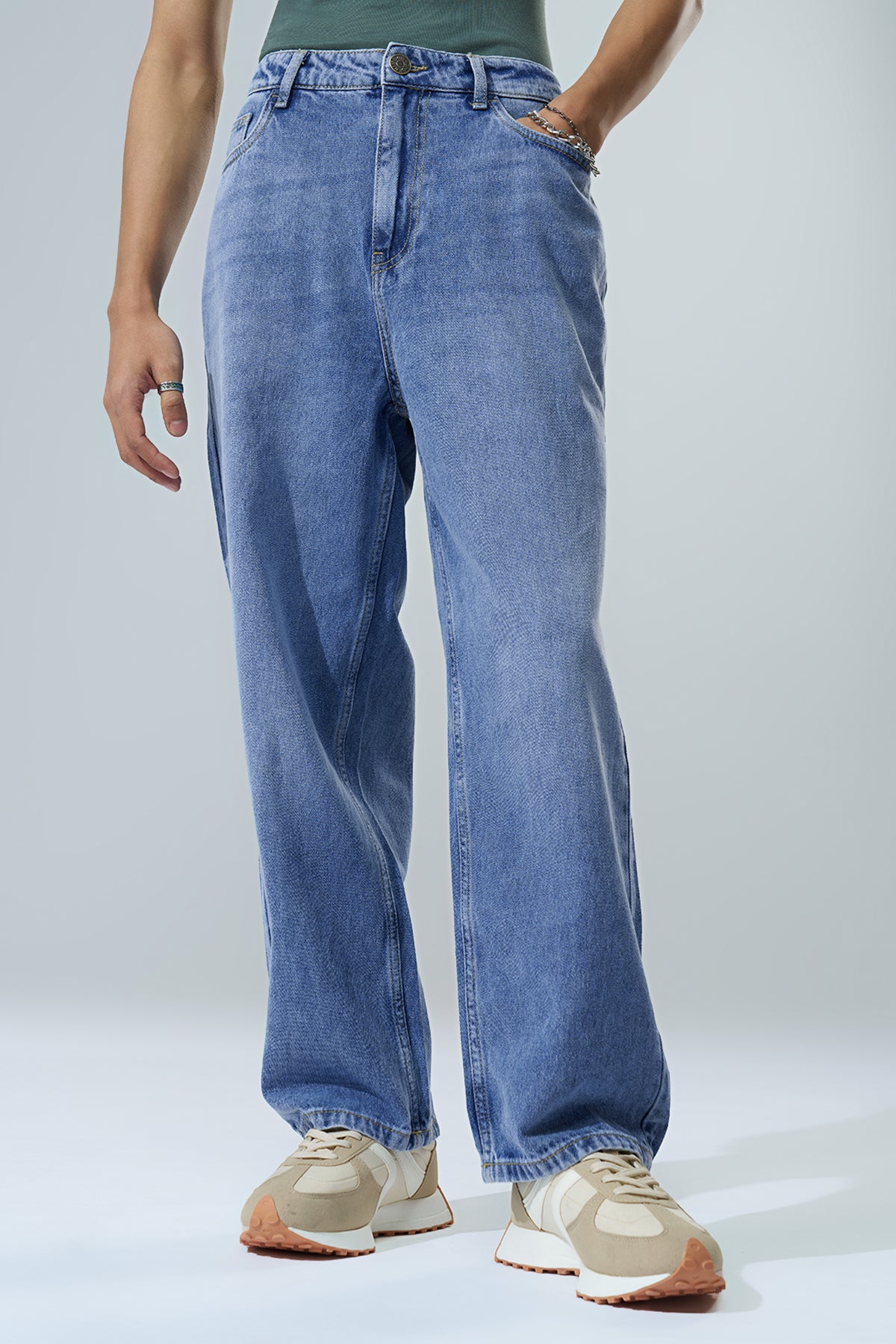 Light Blue Solid Baggy Fit Jeans for Men - Image 2