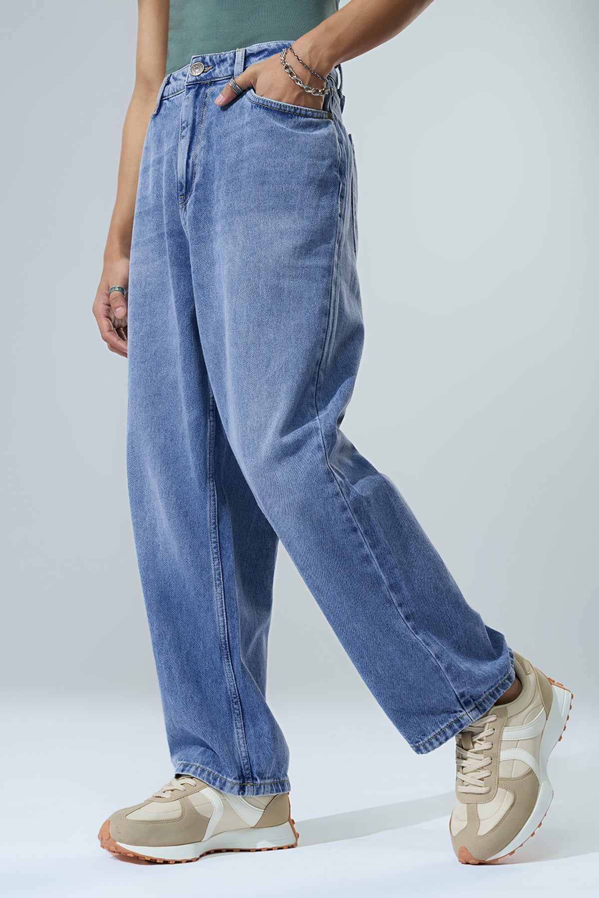 Light Blue Solid Baggy Fit Jeans for Men - Image 4