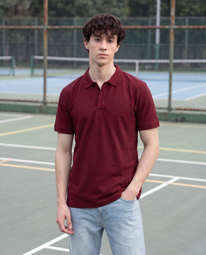 Maroon Solid Regular Fit Polo T-Shirt For Men - Image 1