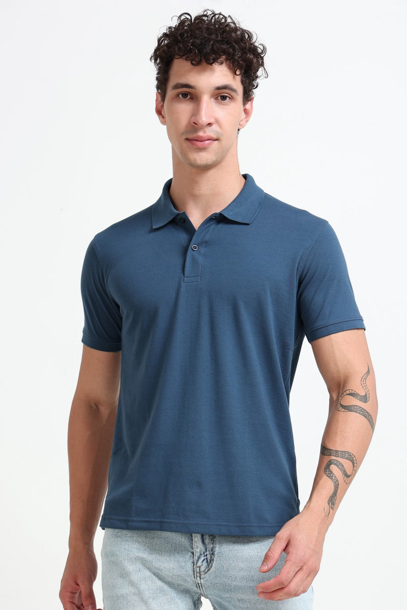 Teal Solid Regular Fit Polo T-Shirt For Men - Image 4