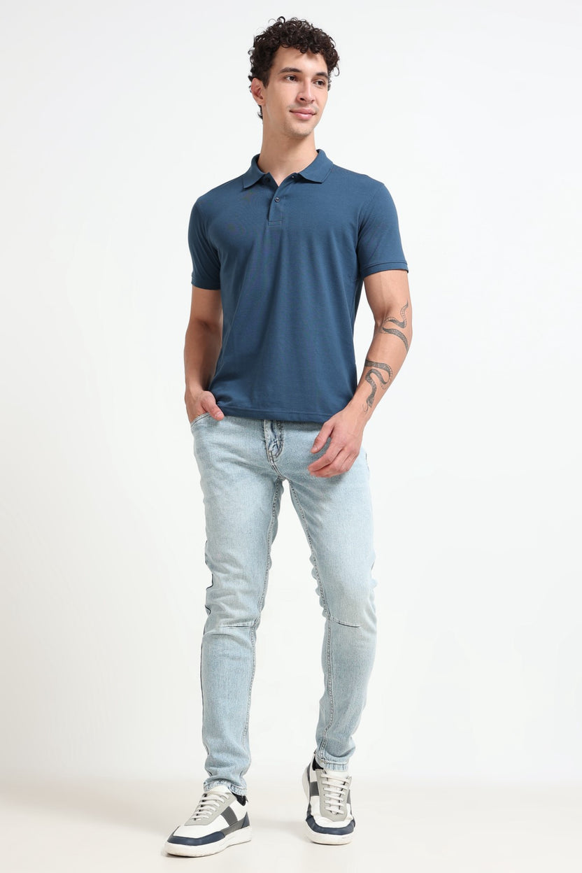 Teal Solid Regular Fit Polo T-Shirt For Men - Image 6