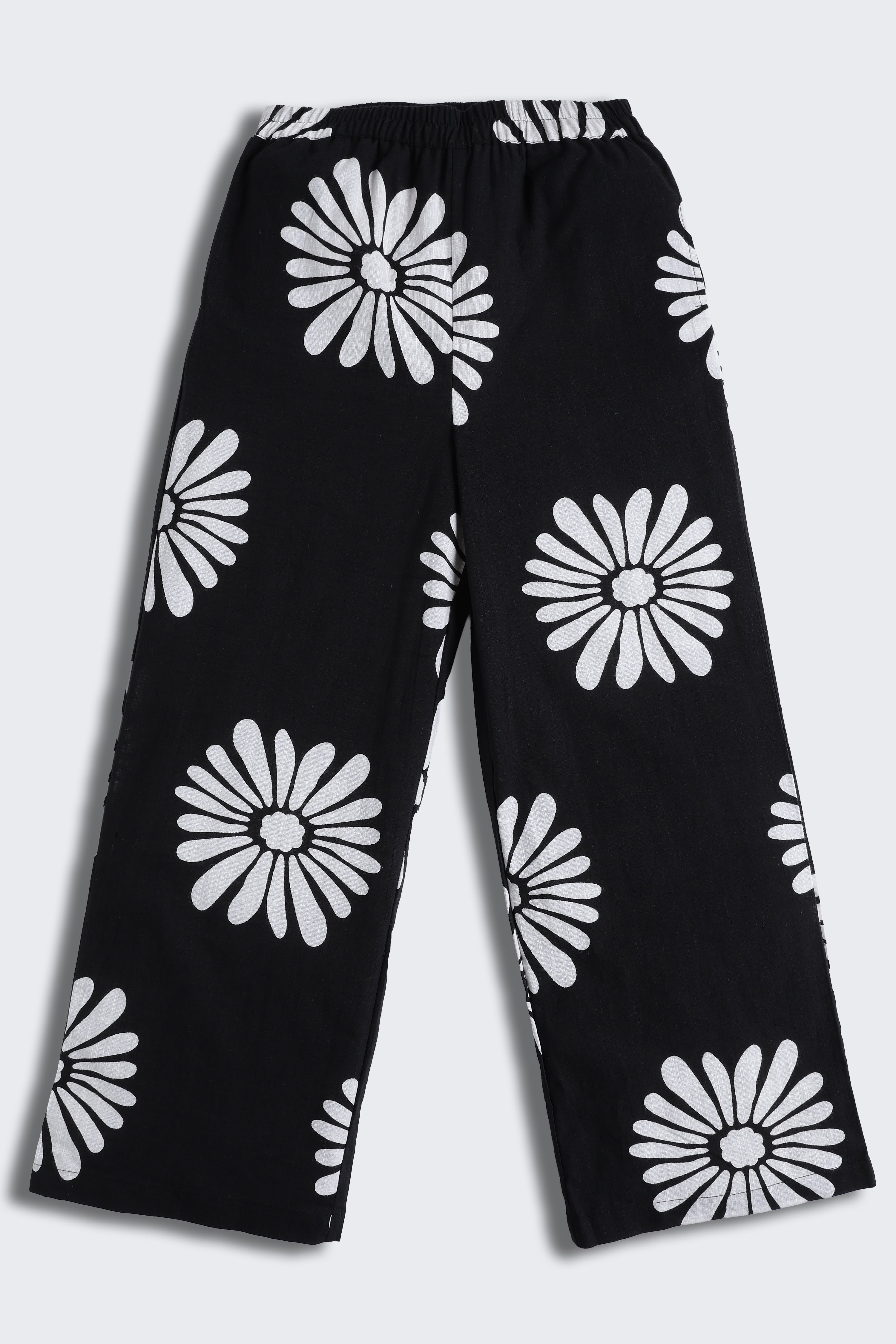 Black Floral Printed Mid Rise Regular Fit Pant for Tweens Girls - Image 2