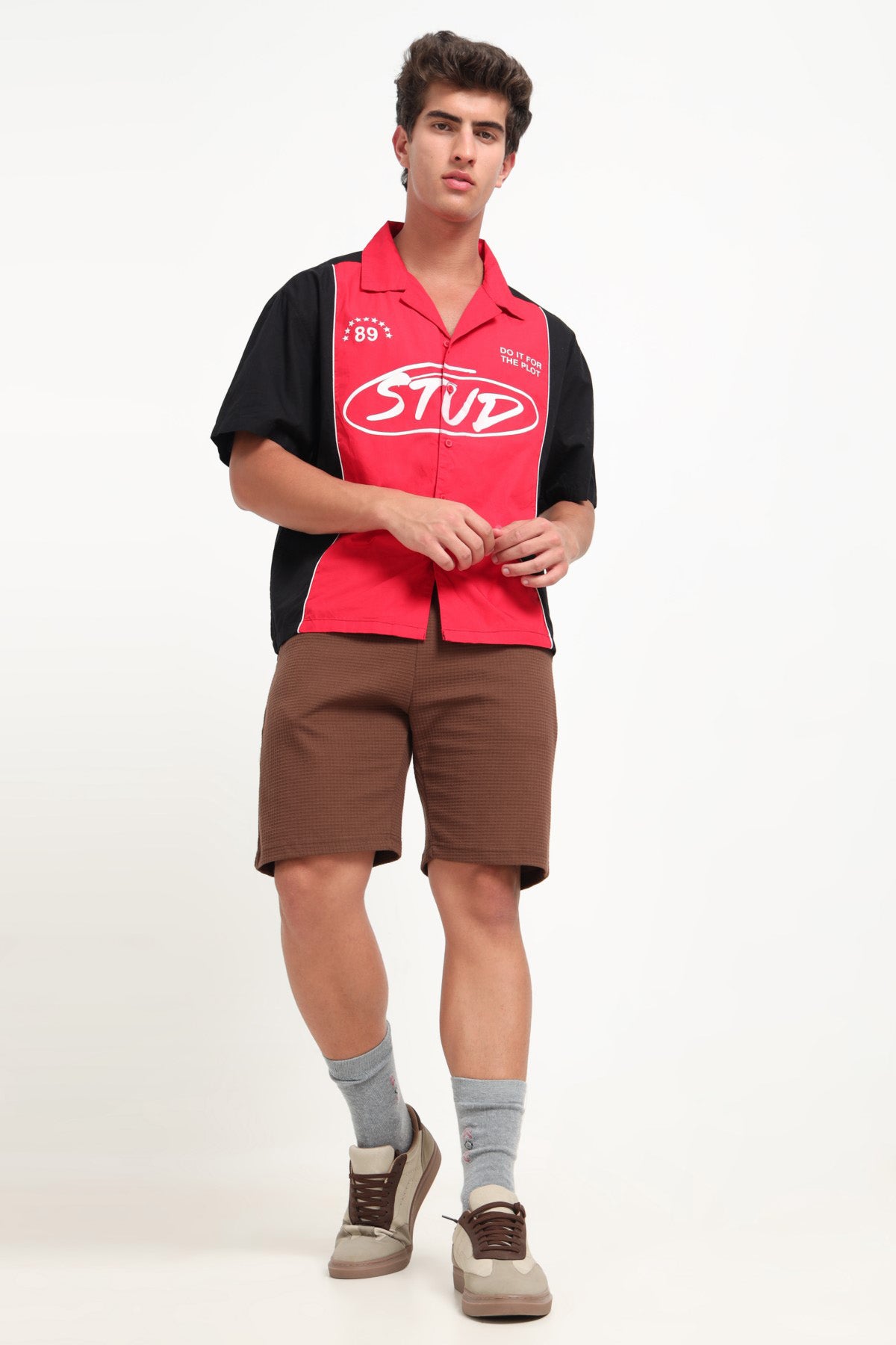 Red Colourblocked Boxy Fit Shirt for Men - Image 4