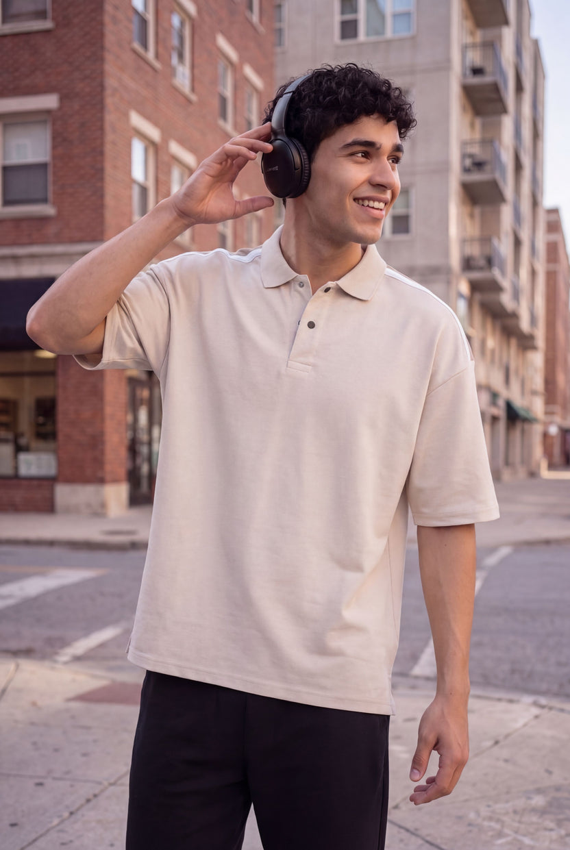 Beige Drop Shoulder Sleeves Oversized Fit Polo T-Shirt for Men - Image 1