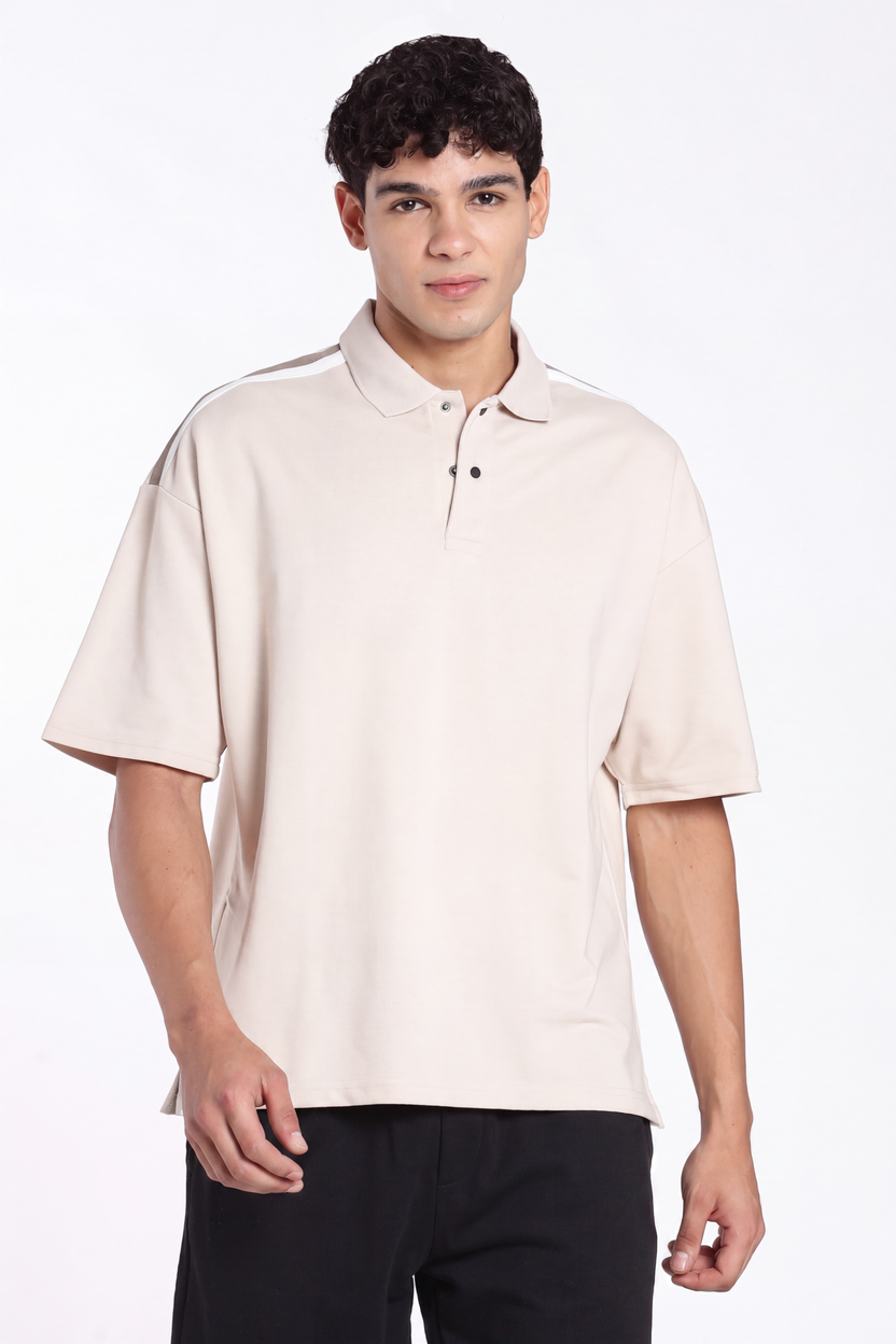 Beige Drop Shoulder Sleeves Oversized Fit Polo T-Shirt for Men - Image 2