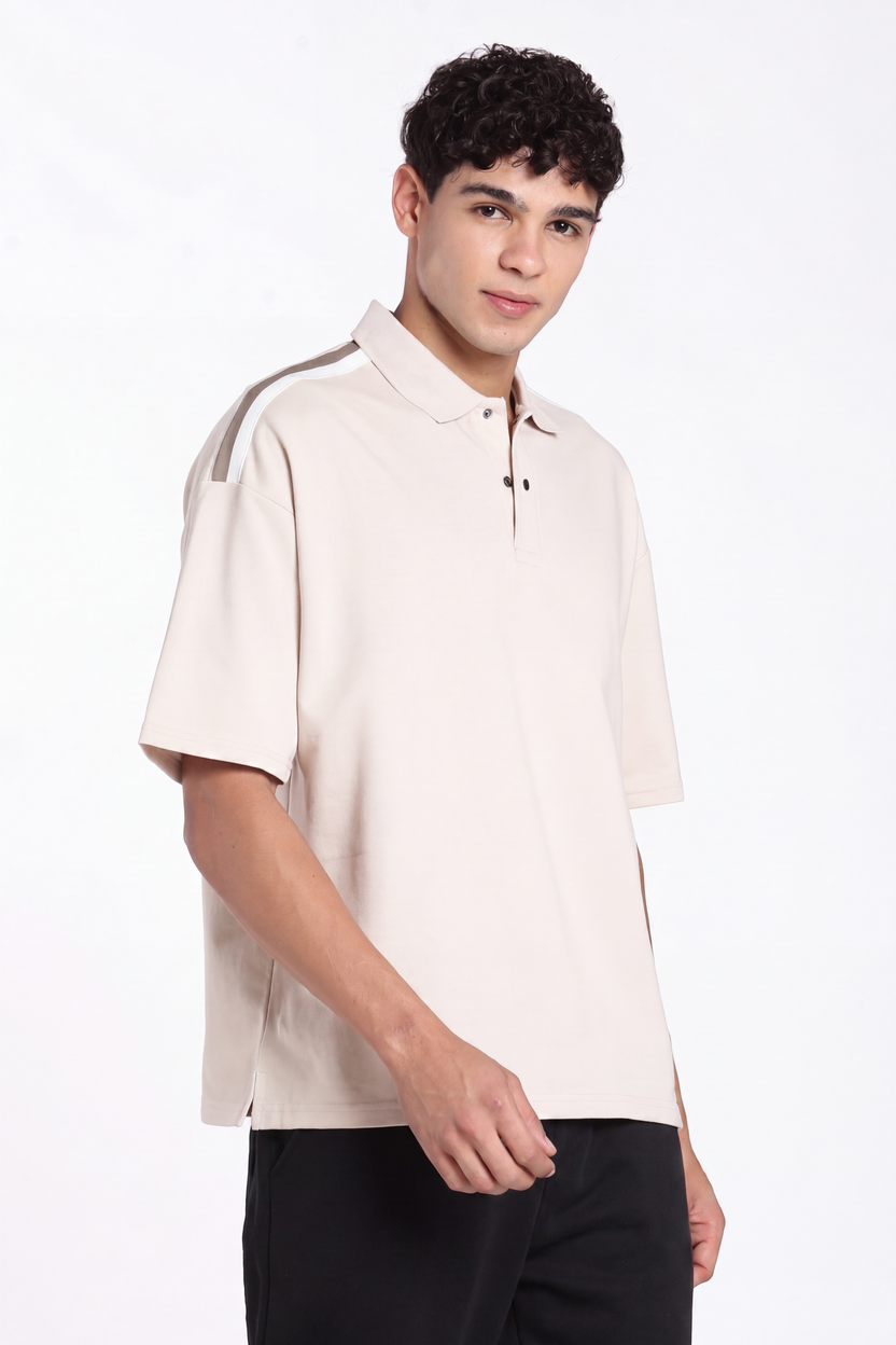 Beige Drop Shoulder Sleeves Oversized Fit Polo T-Shirt for Men - Image 4