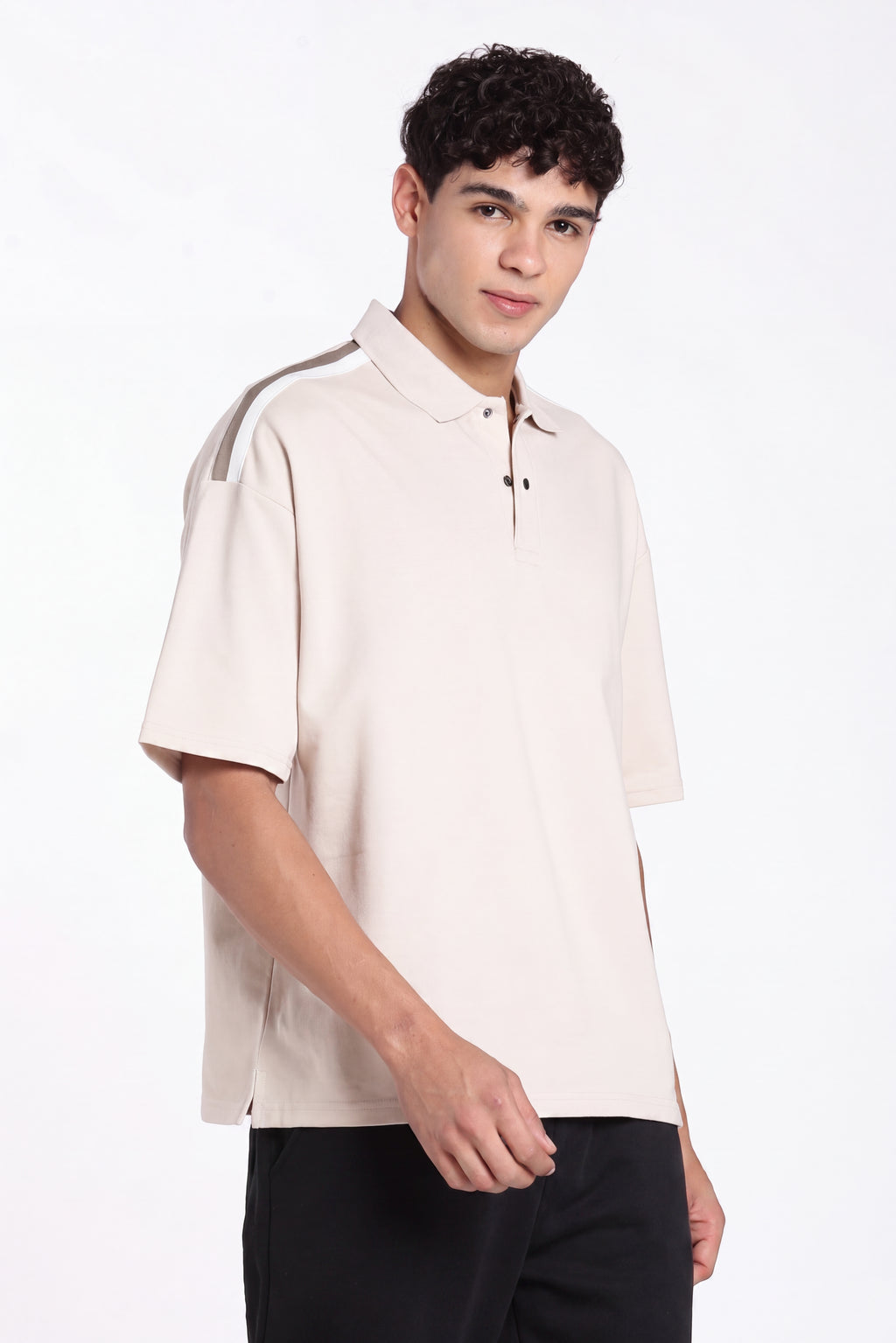 Beige Drop Shoulder Sleeves Oversized Fit Polo T-Shirt for Men - Image 4